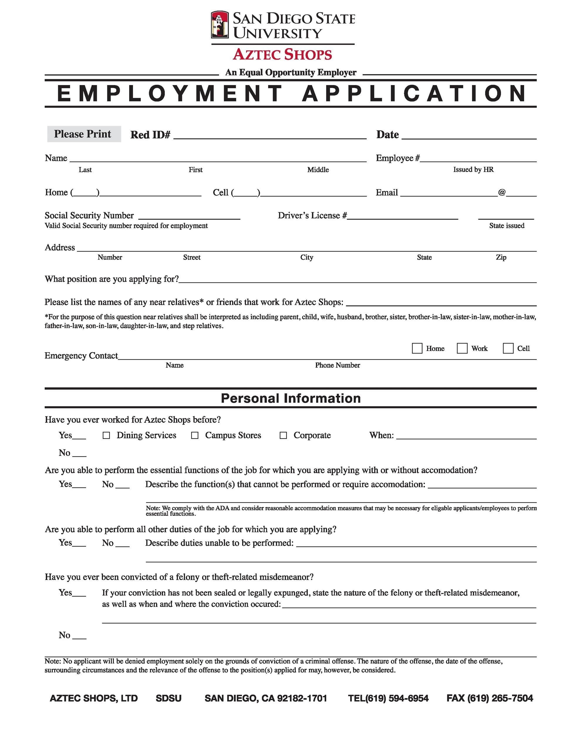 Job Application Template Printable