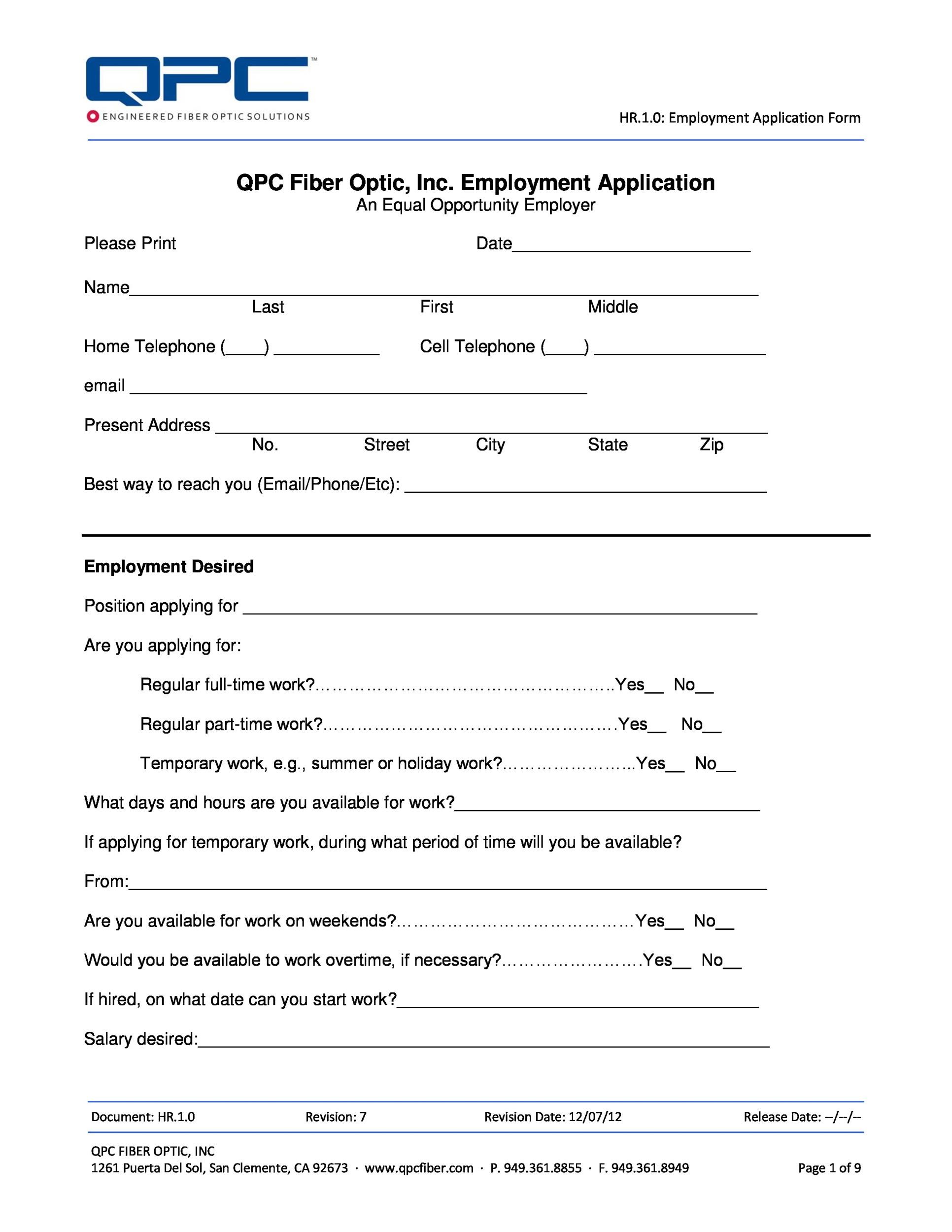 Free employment application template 45