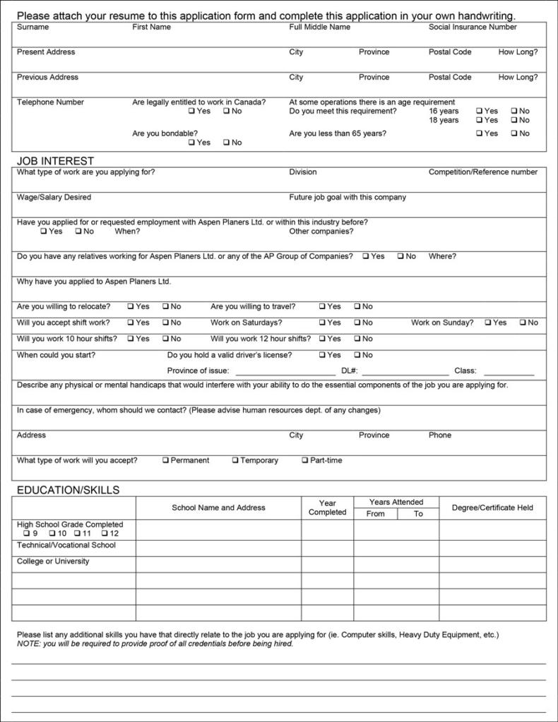 Standard Application For Employment Printable