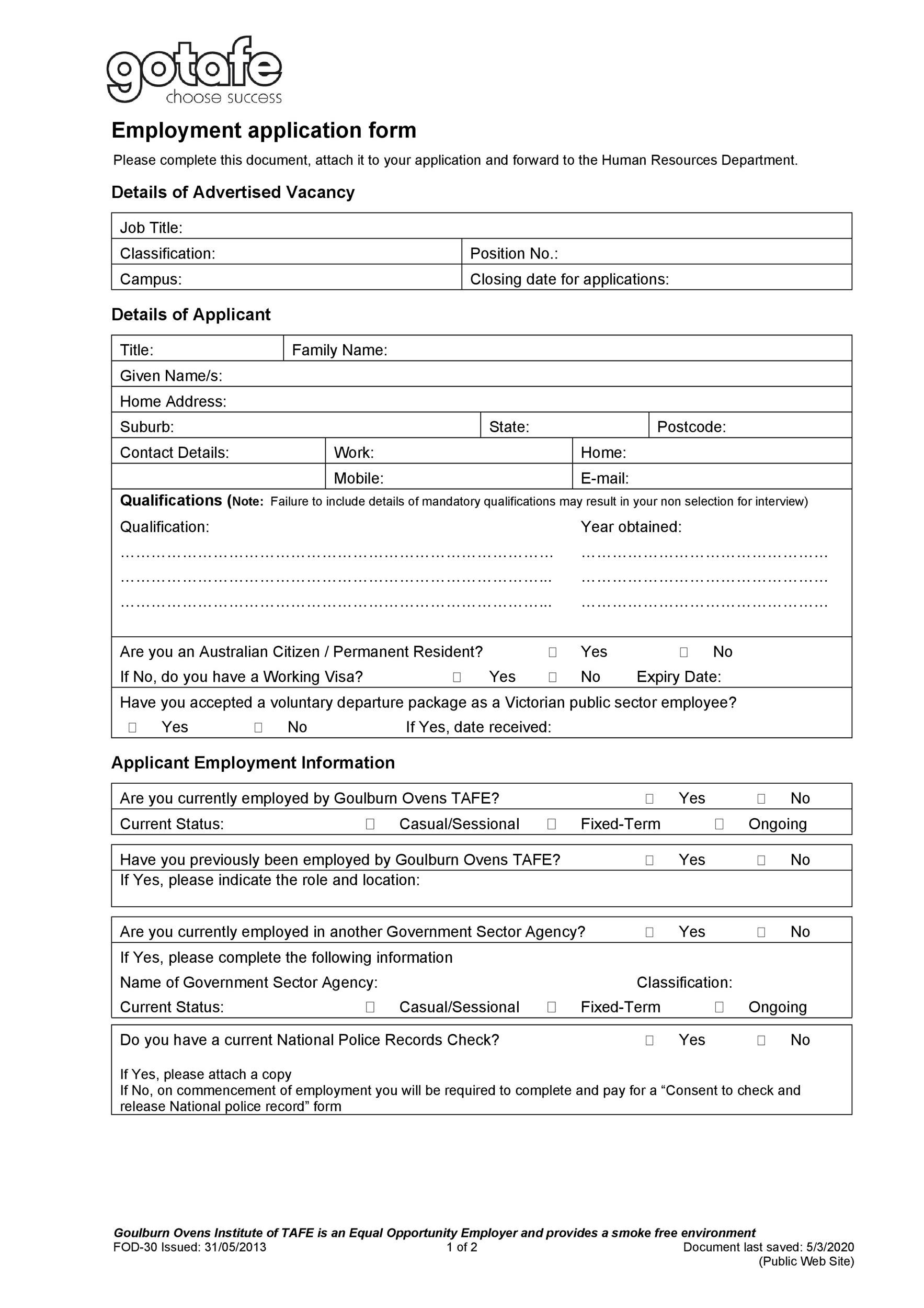 50 Free Employment Job Application Form Templates Printable Templatelab 3191