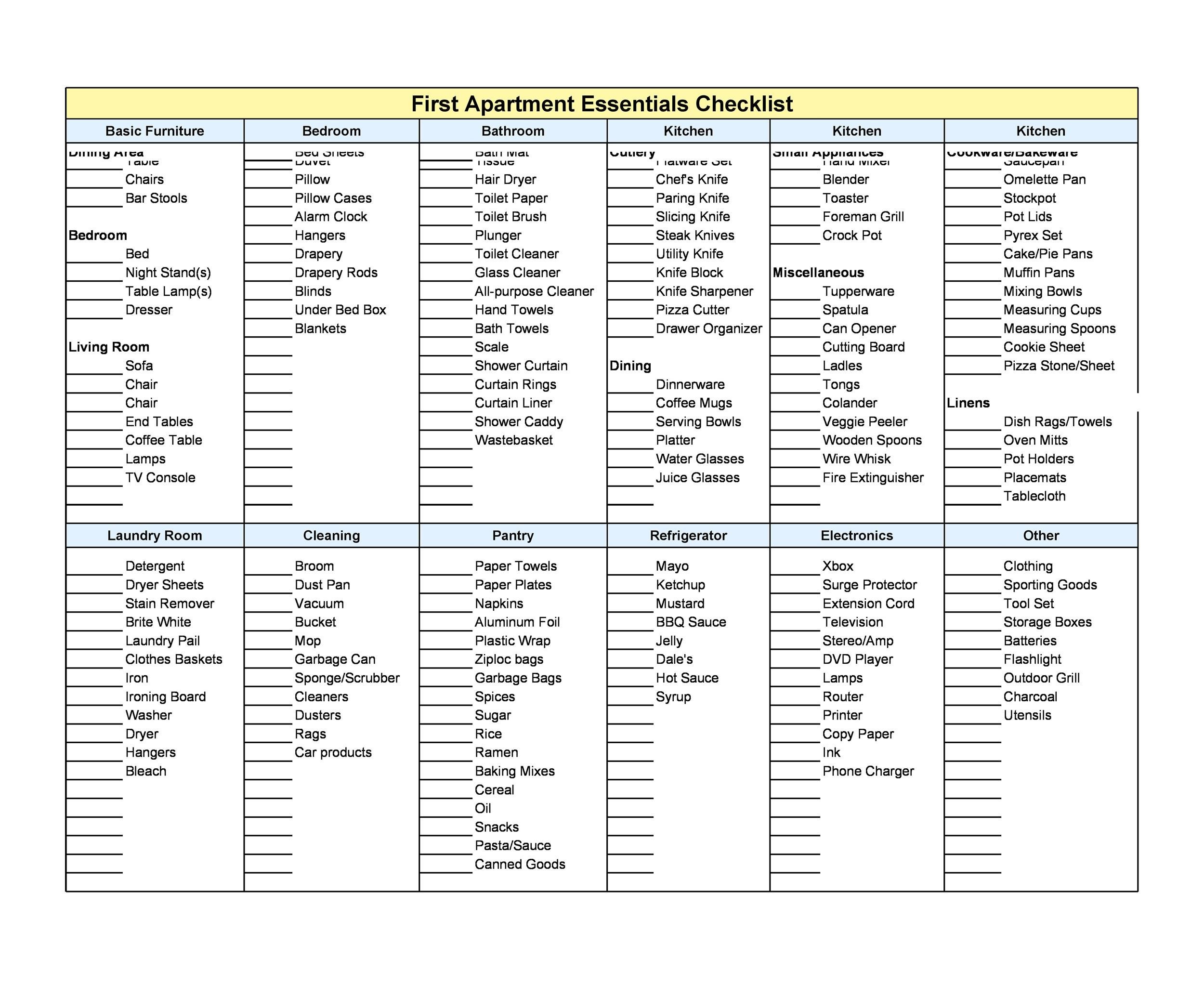 First / New Apartment Checklist - 40 Essential Templates ᐅ