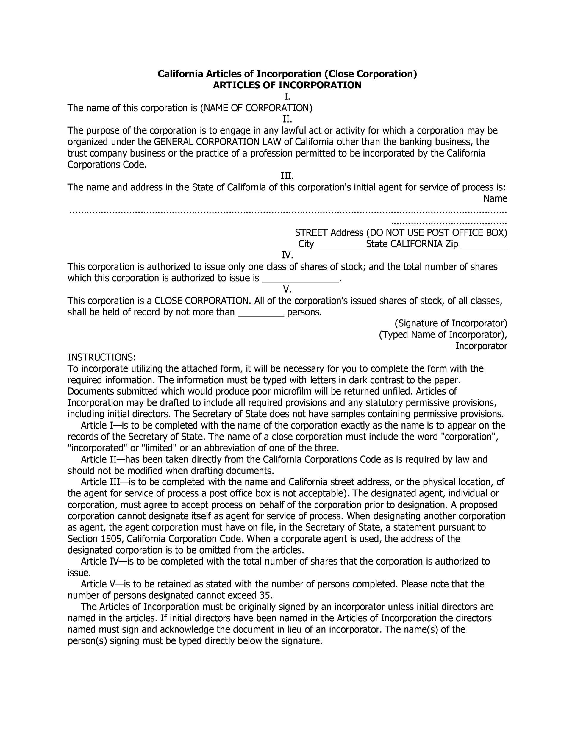 Articles of Incorporation 47 Templates for Any State ᐅ TemplateLab