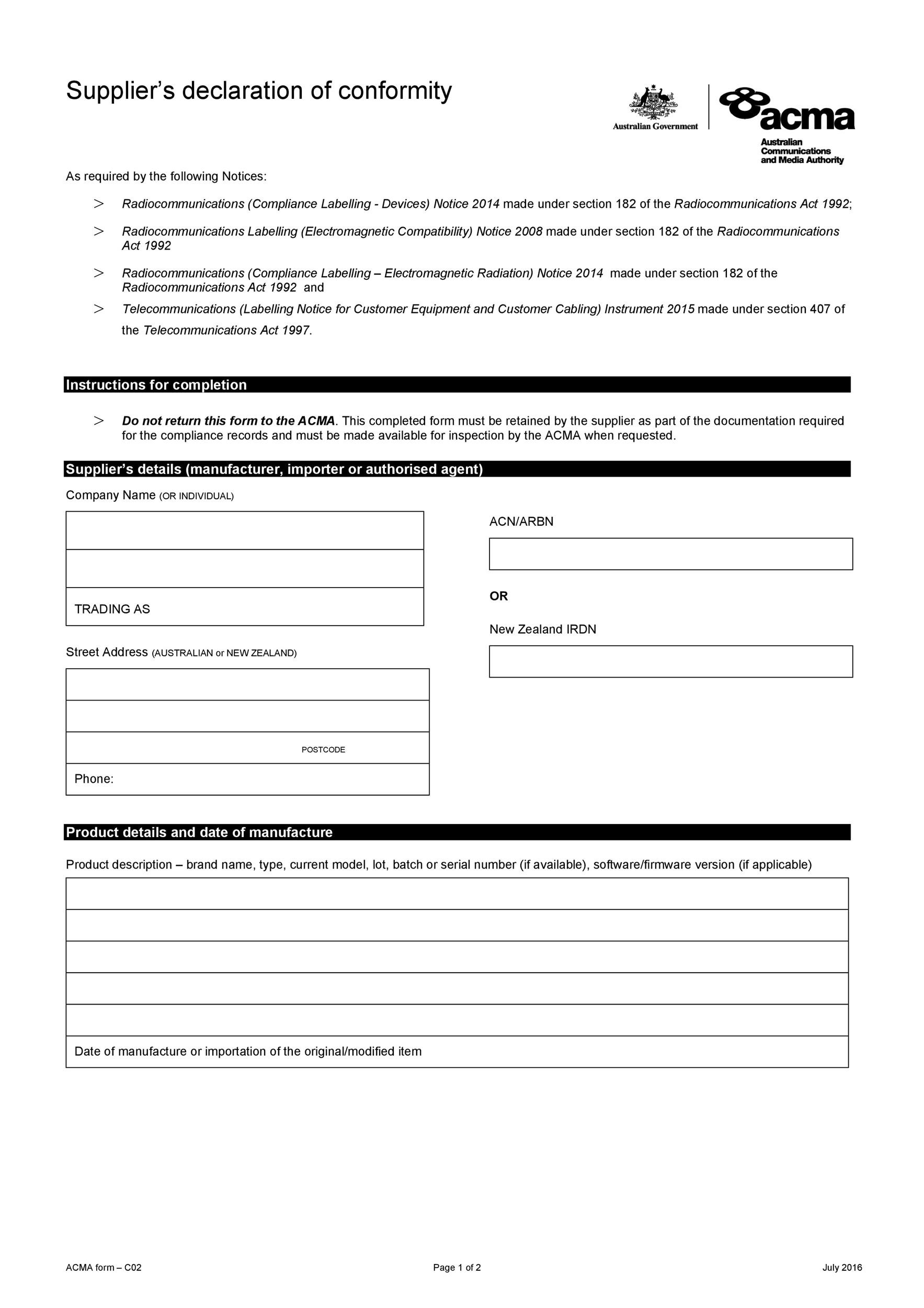 Certificate Of Conformance Template