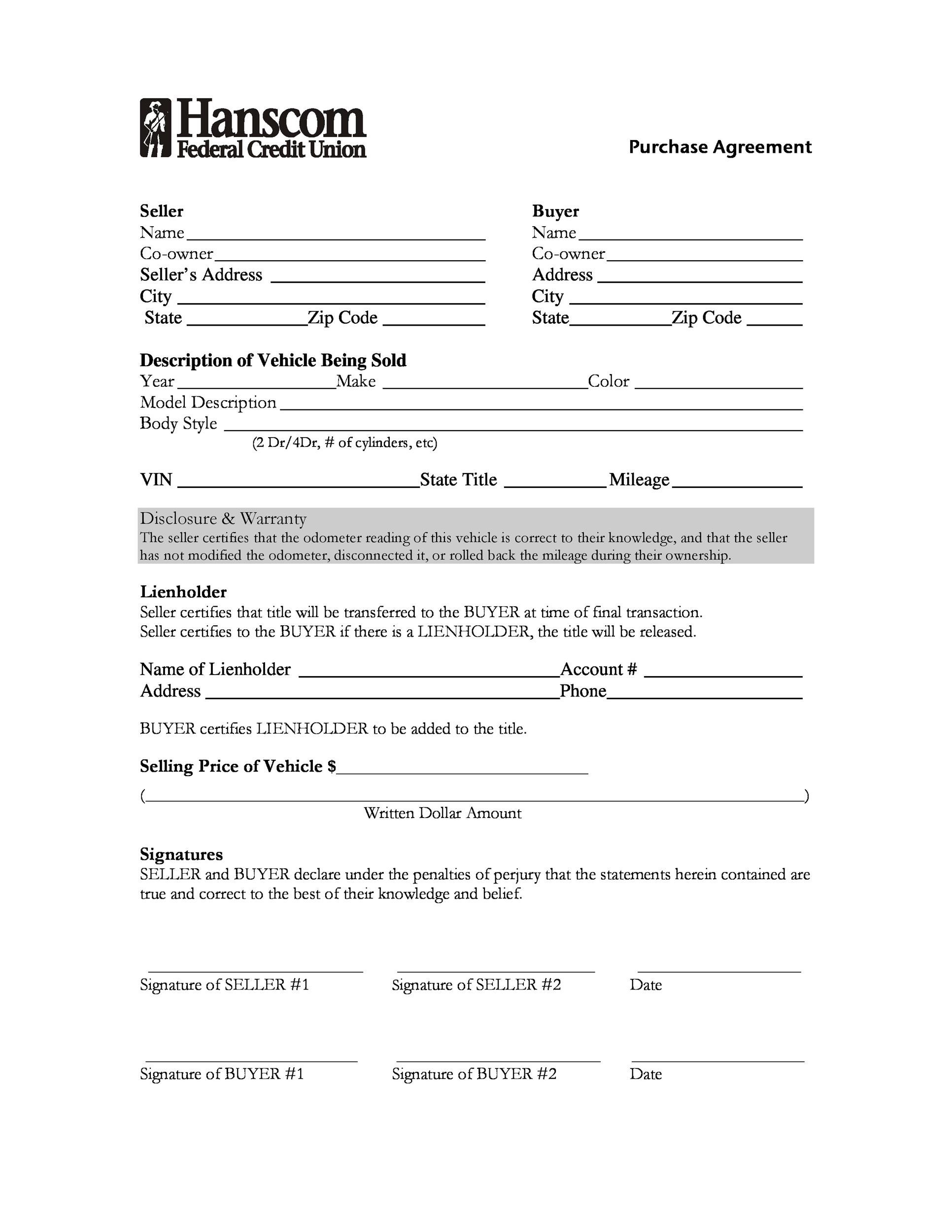 Free Printable Vehicle Purchase Agreement With Monthly Payments