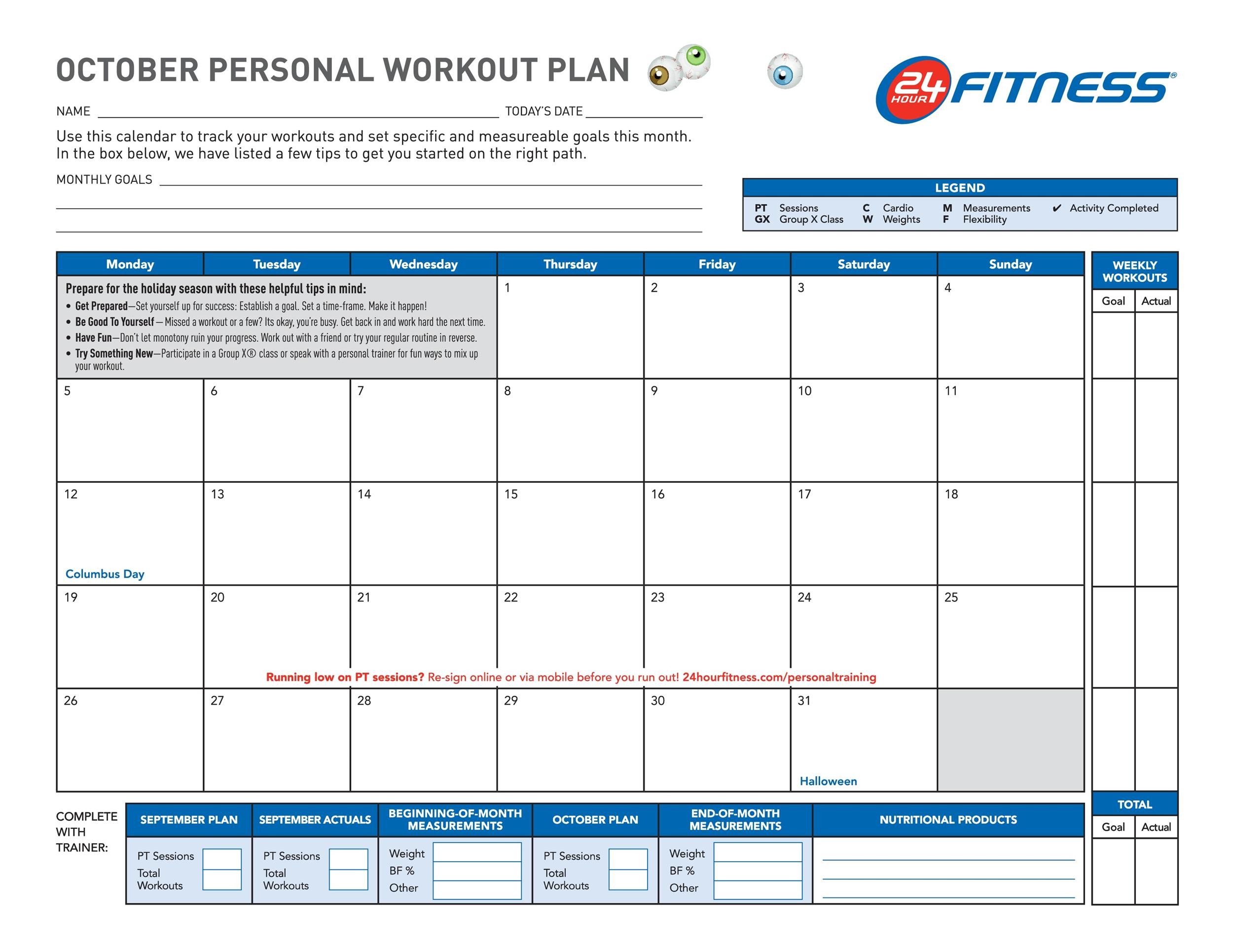 Fillable Workout Calendar Template