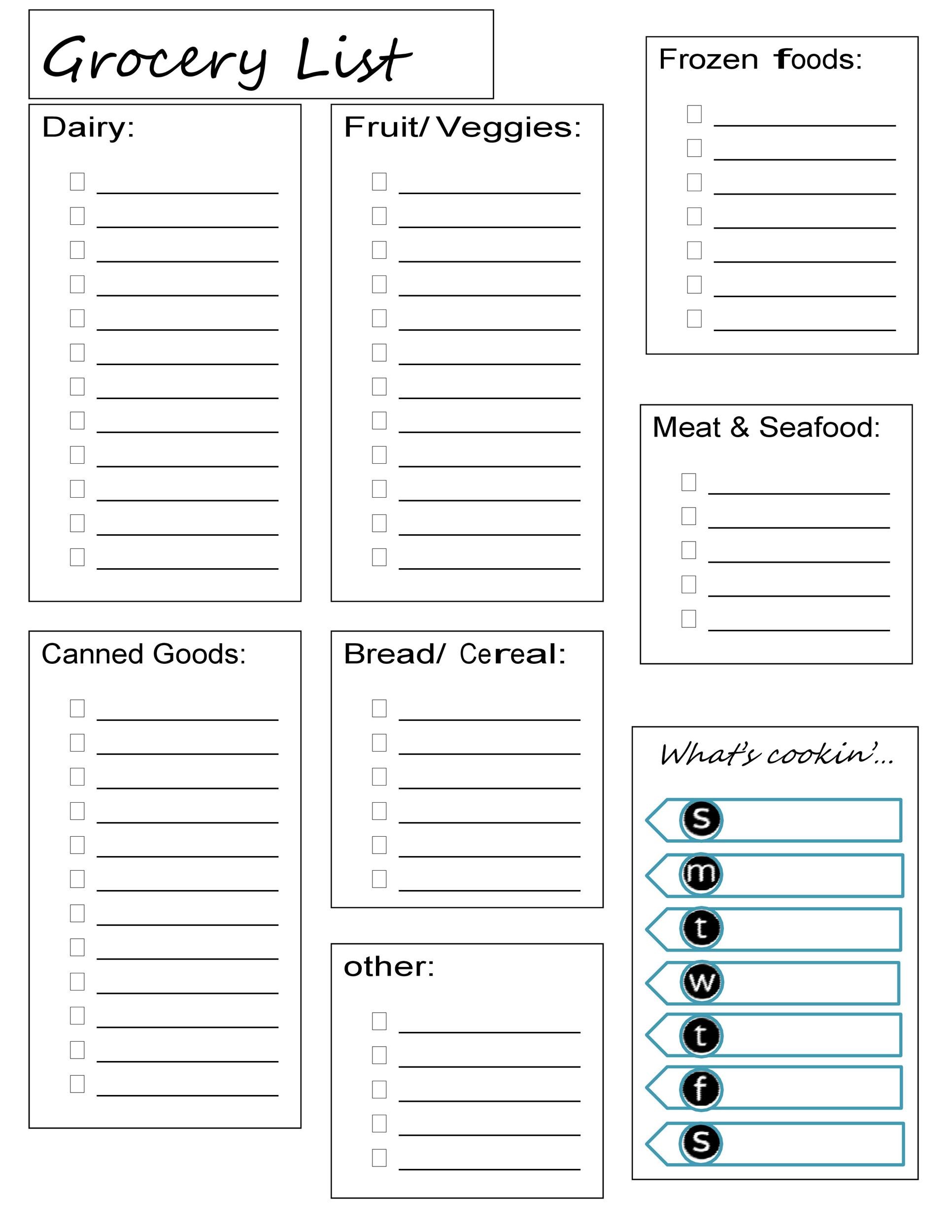 Free Grocery List Template Printable