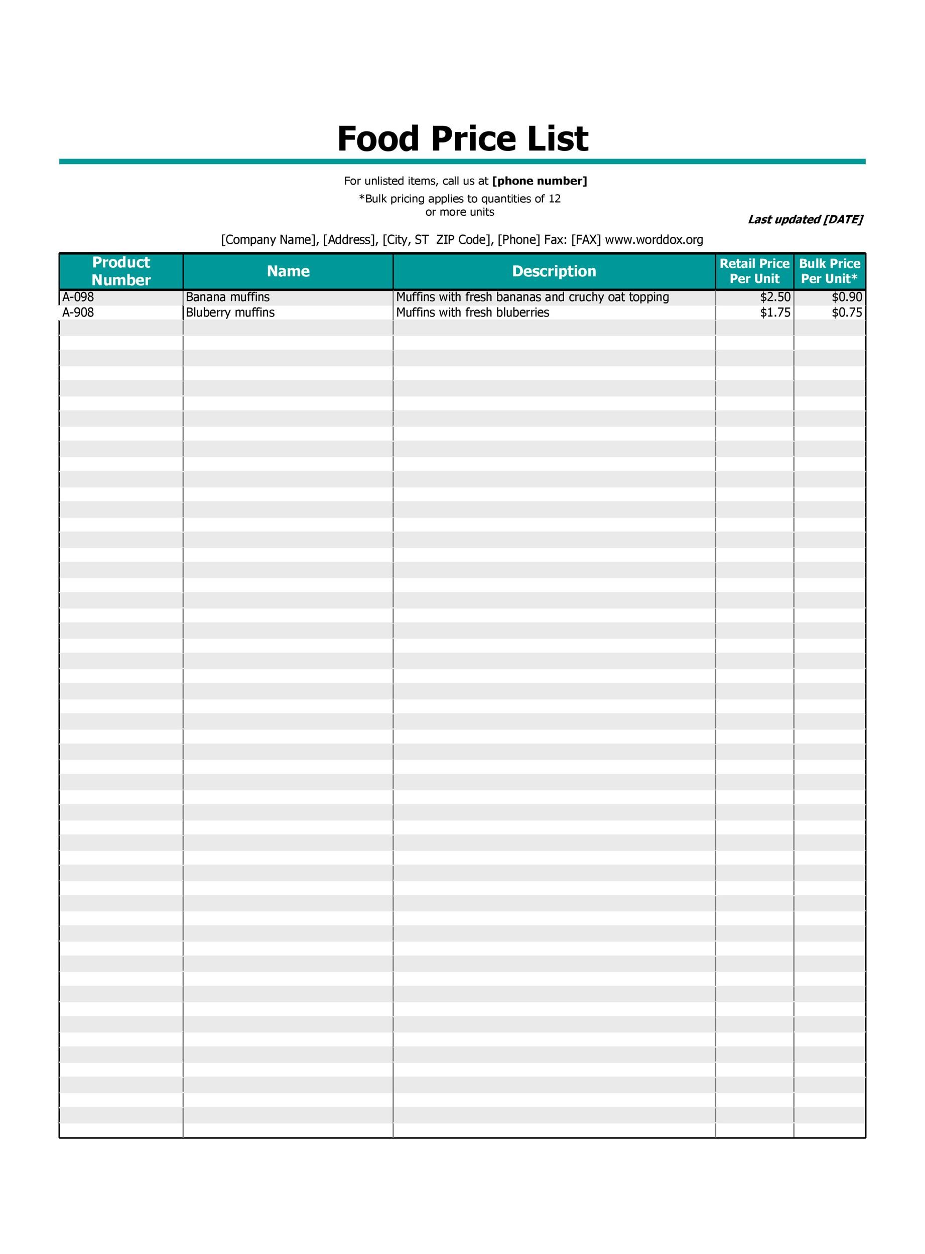 Downloadable Price List Template