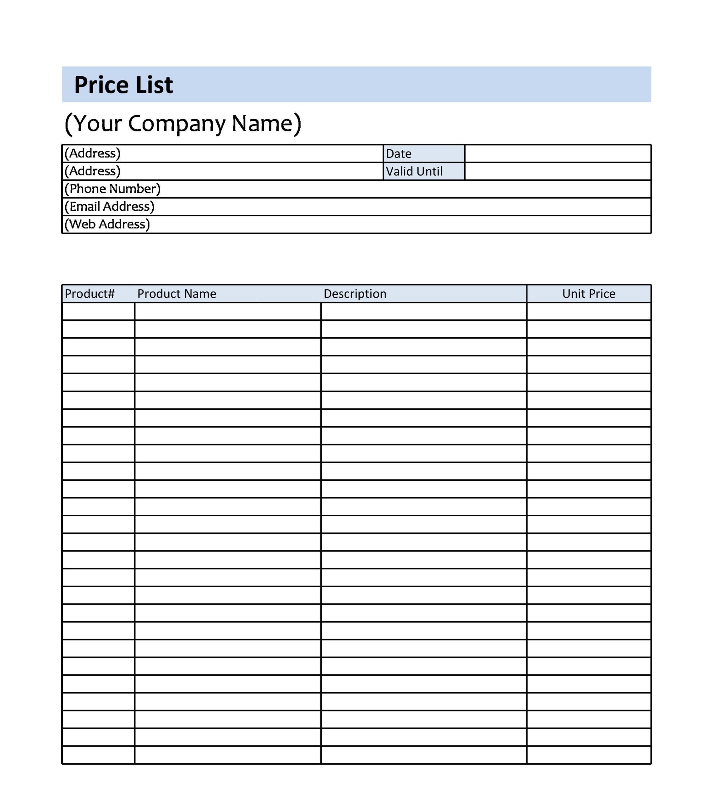 Free price list template 14