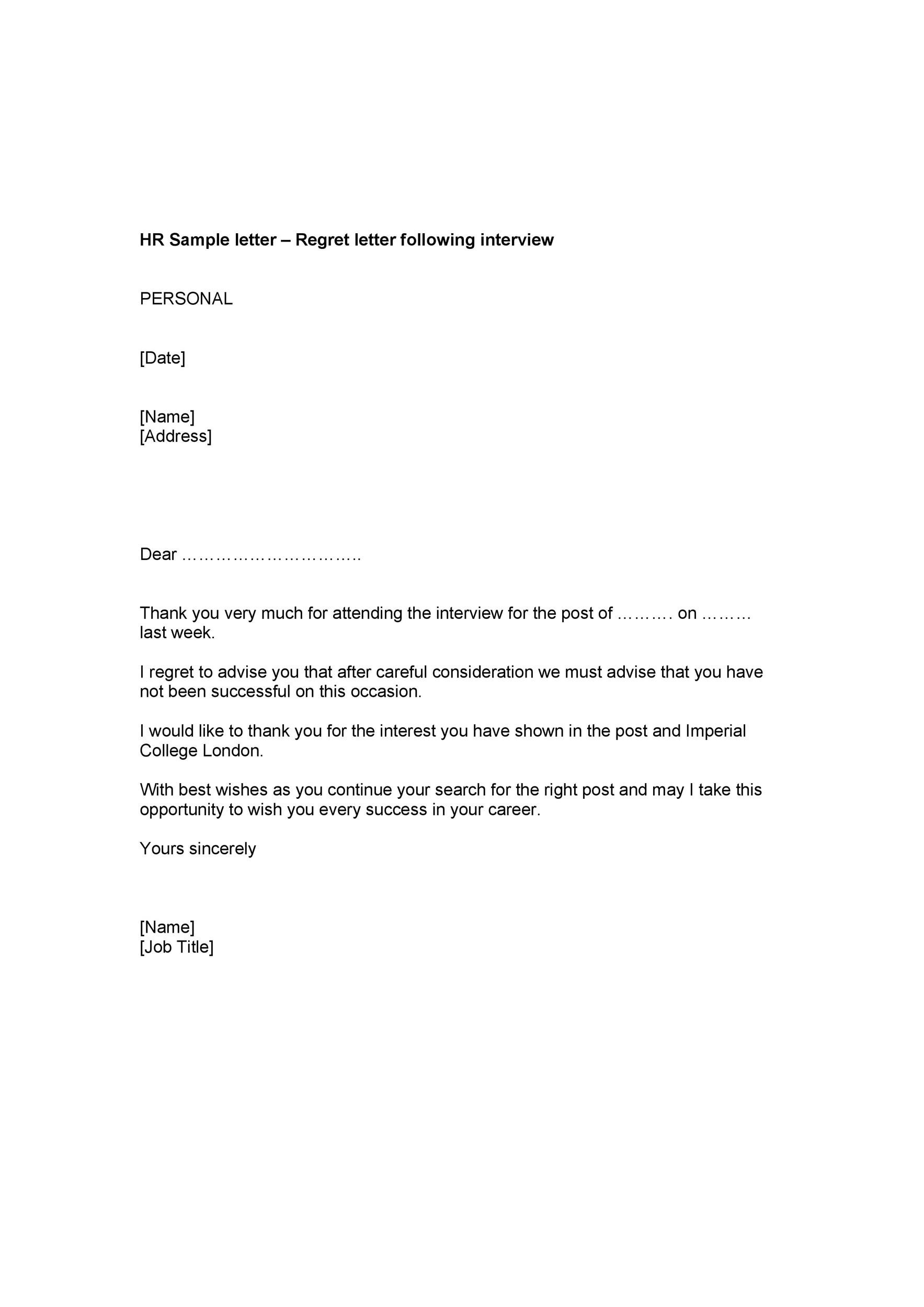 Rejection Letter After Interview Template