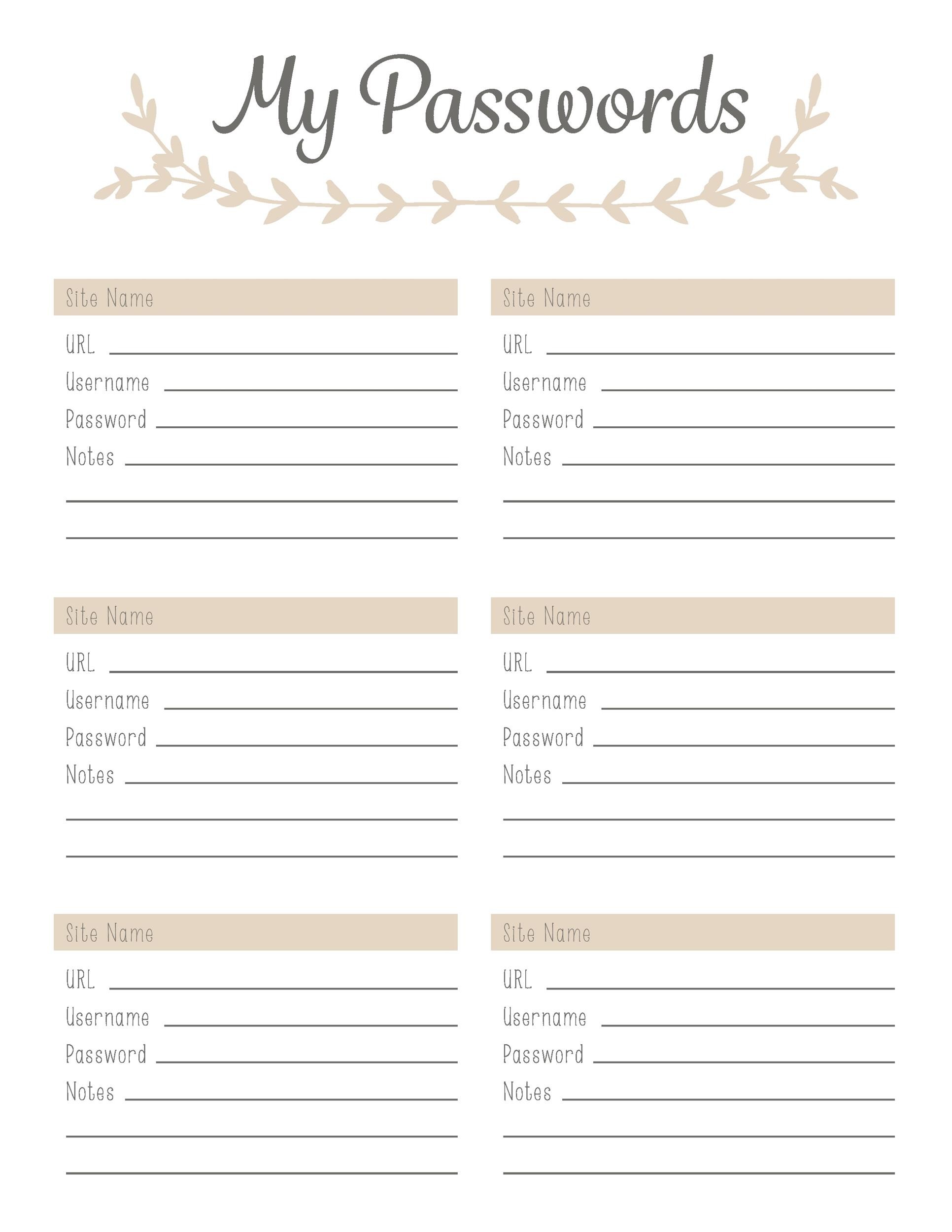 Free Printable Forms To Record Passwords And Website Journal ...