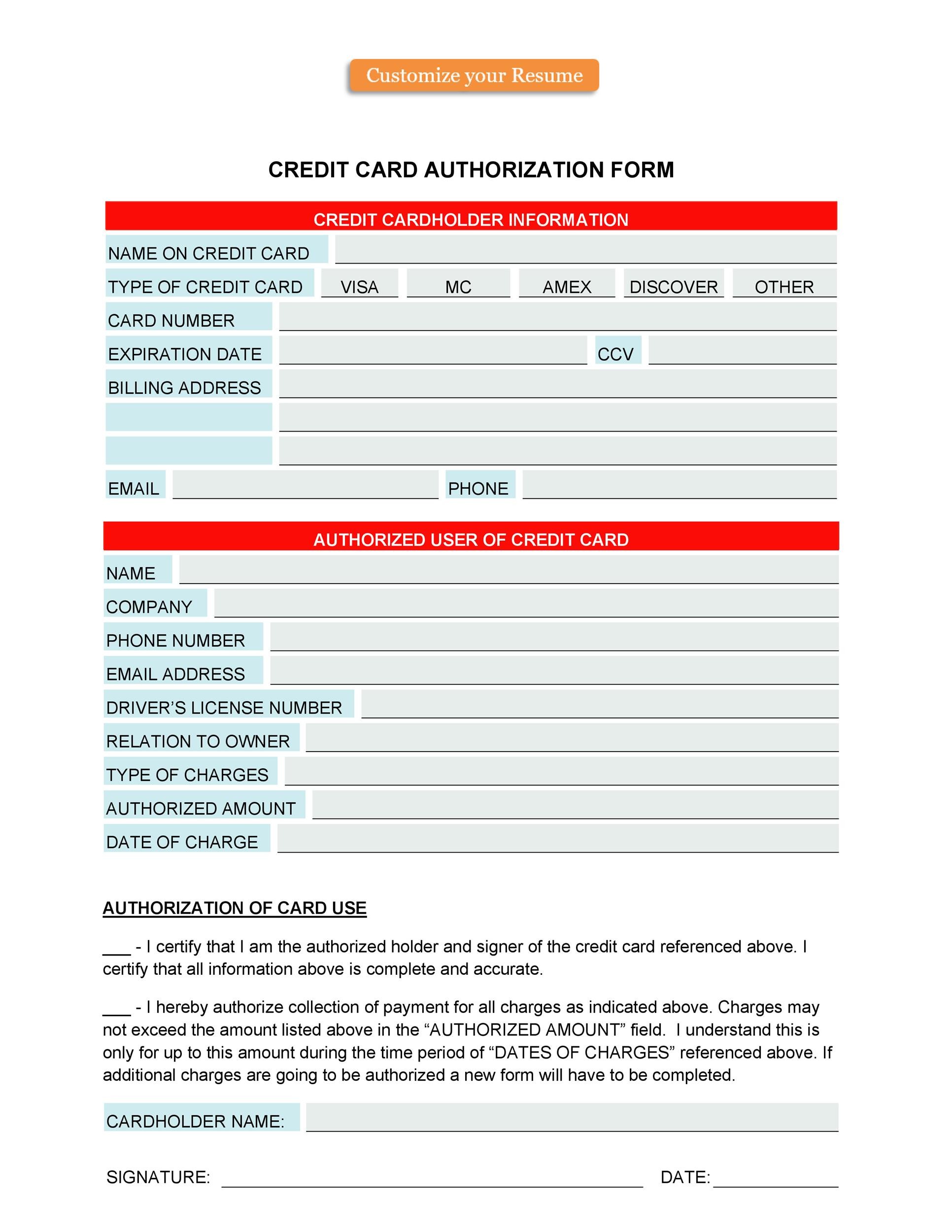 Free credit card authorization form template 12