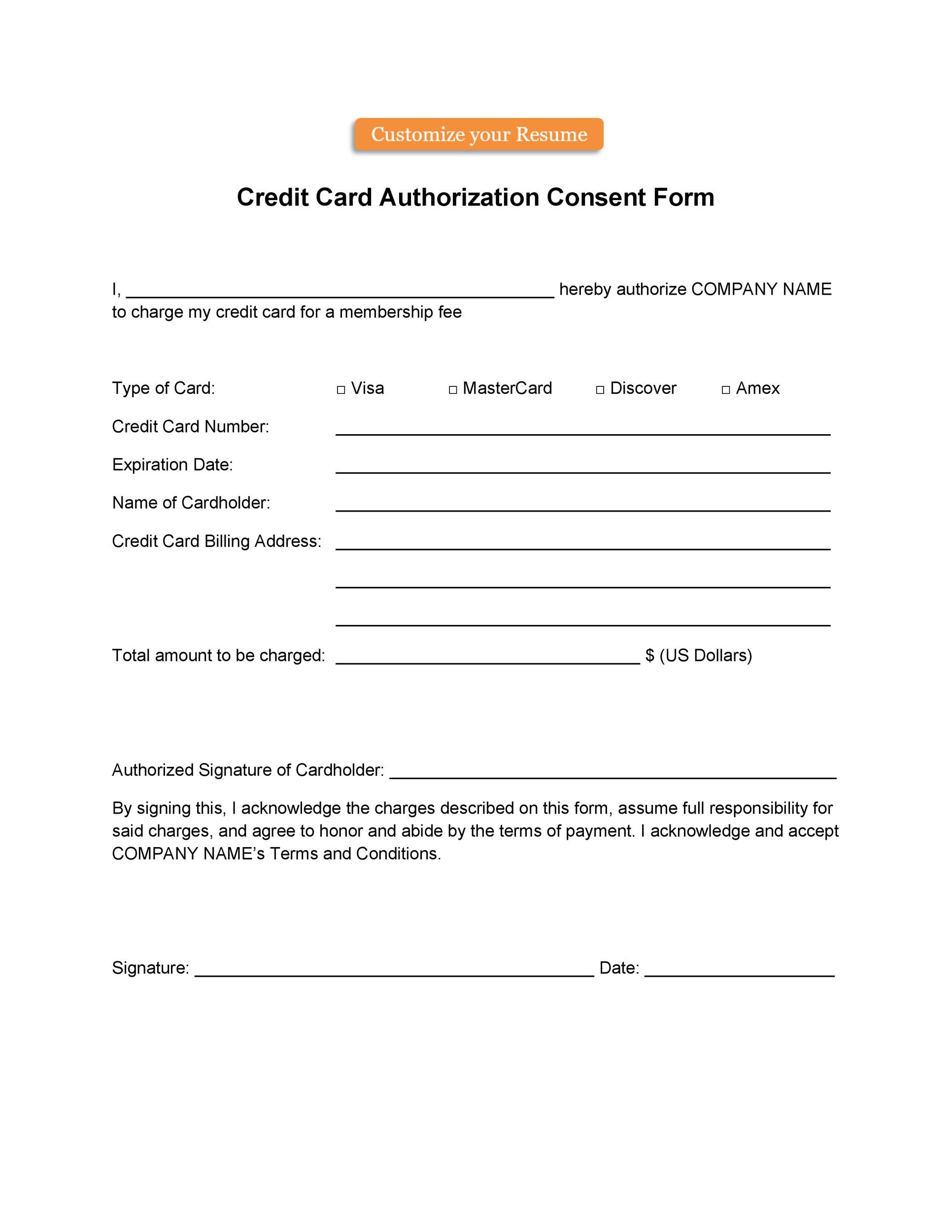 Free credit card authorization form template 17