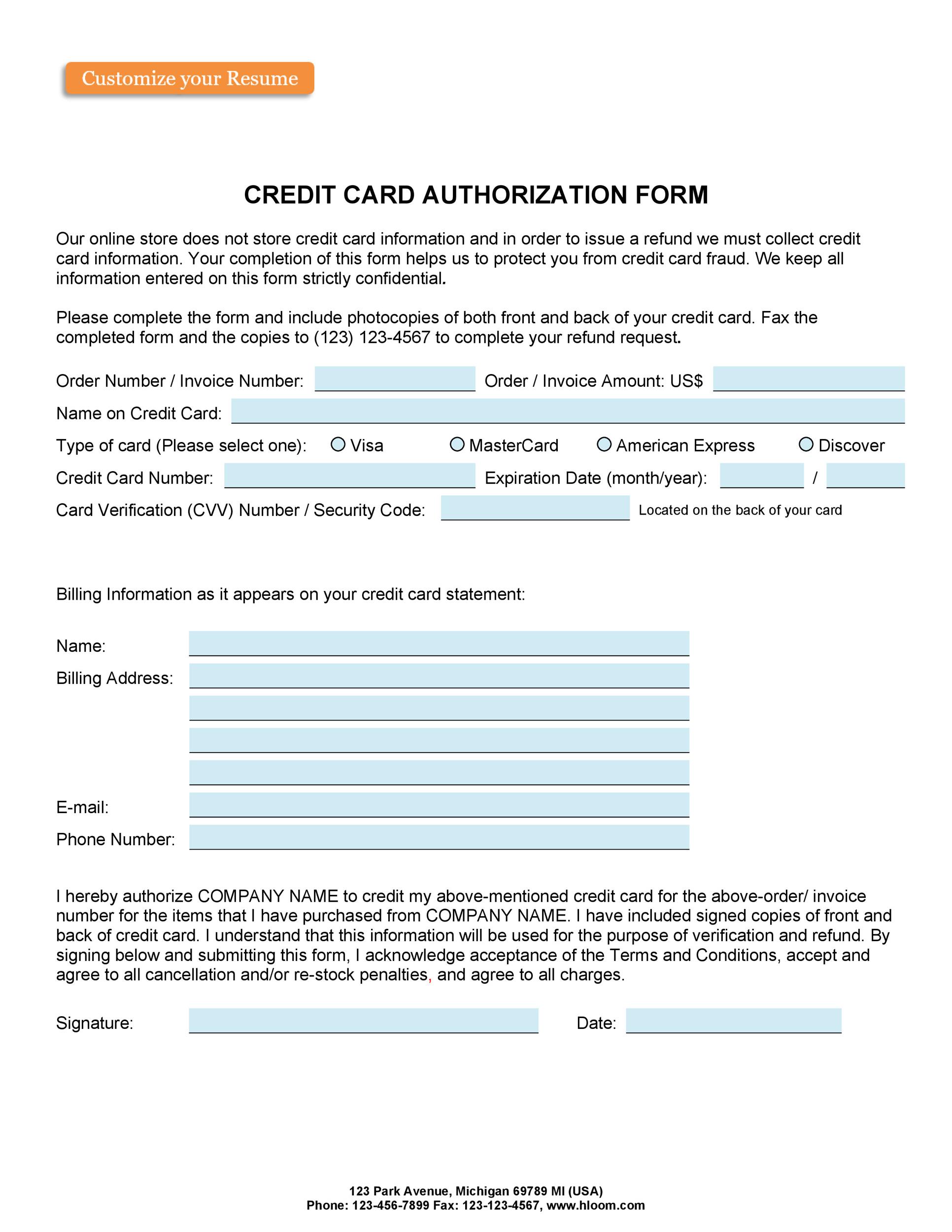 Free credit card authorization form template 20