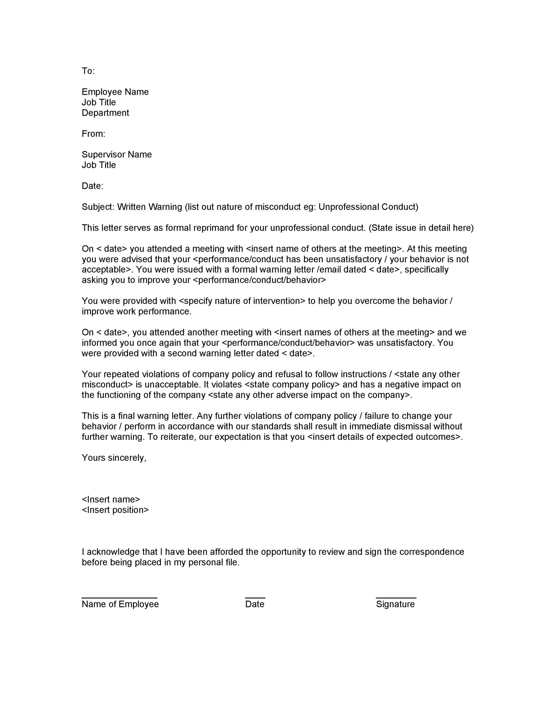 Written Warning Letter To Employee Template