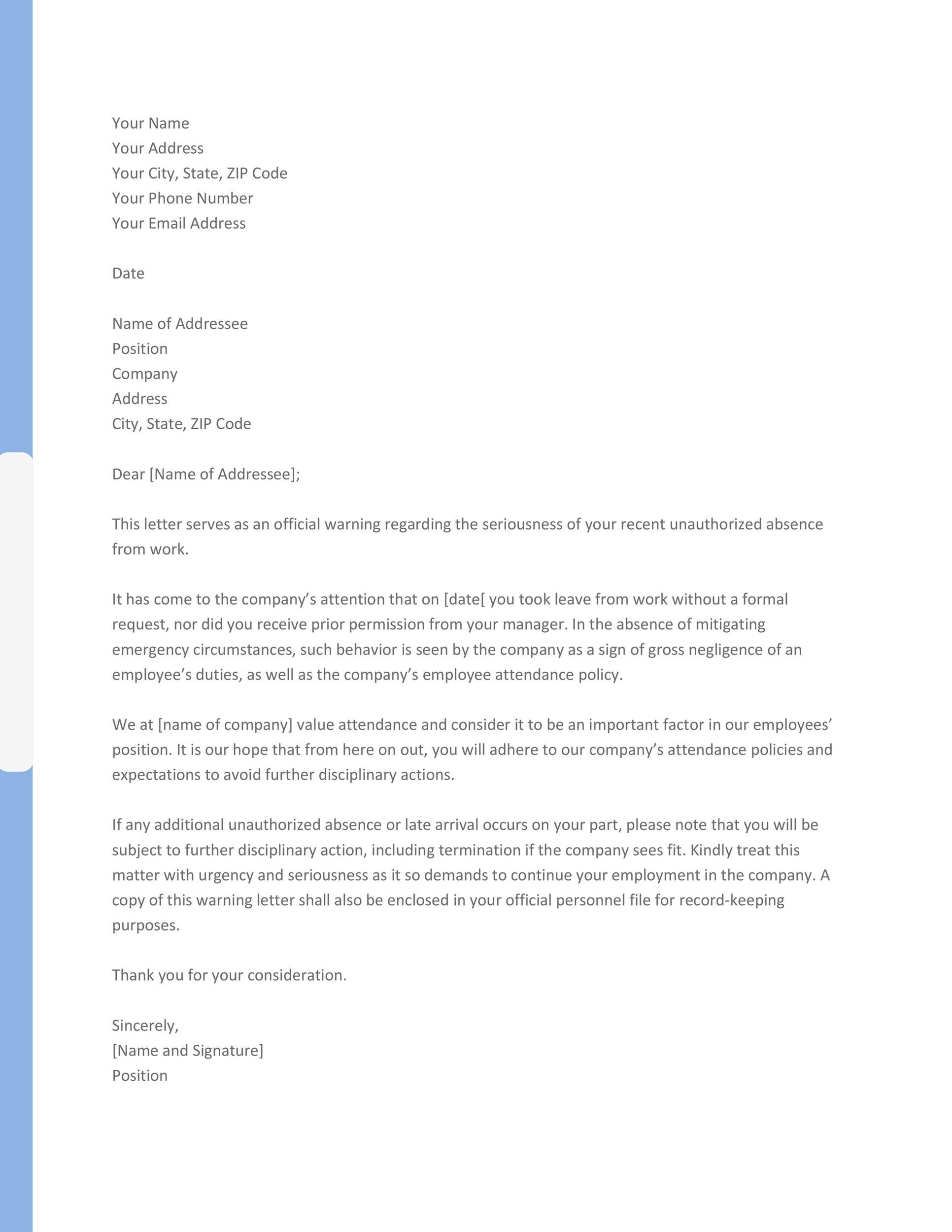 Sample Warning Letter For Poor Attendance