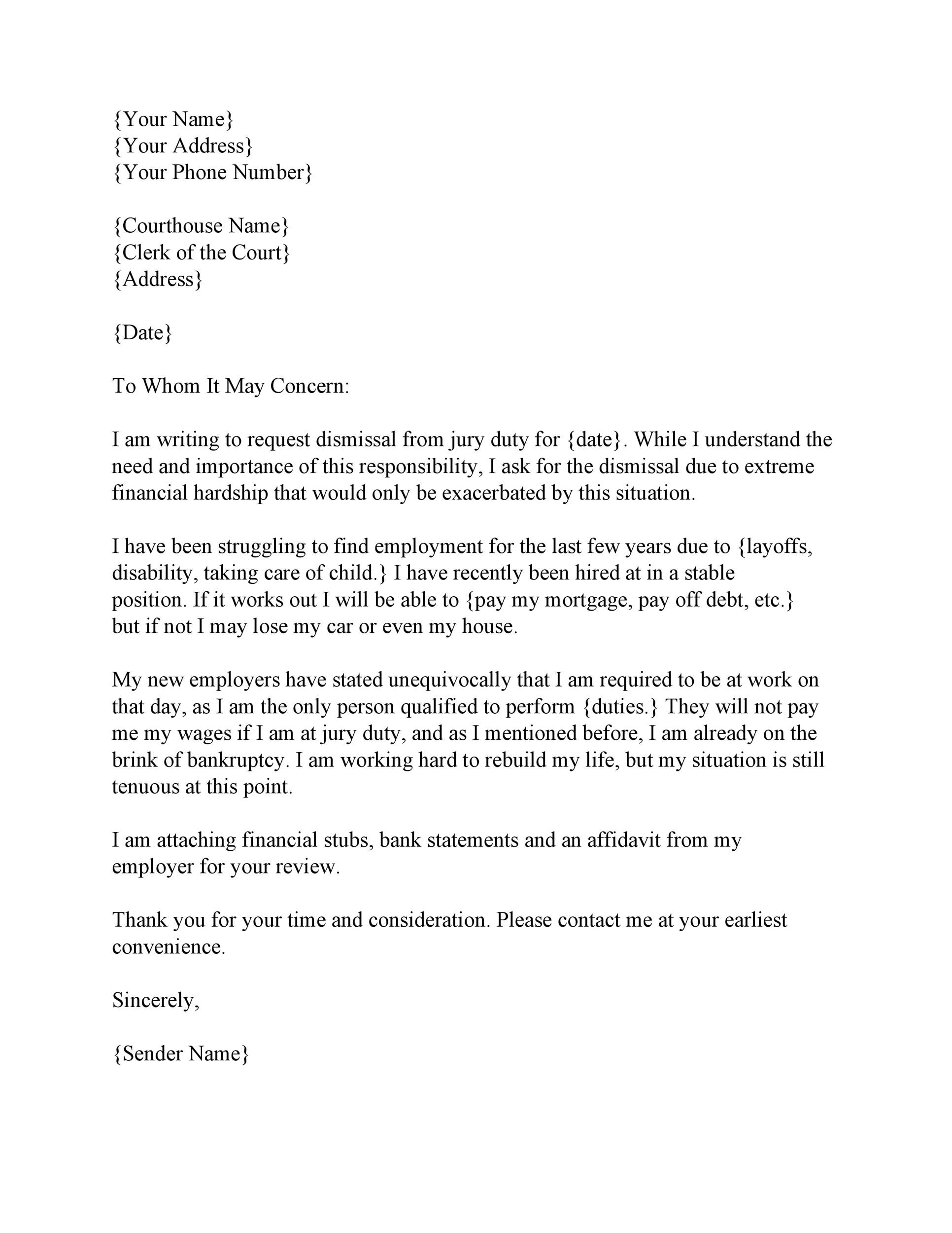 Free jury duty excuse letter template 33