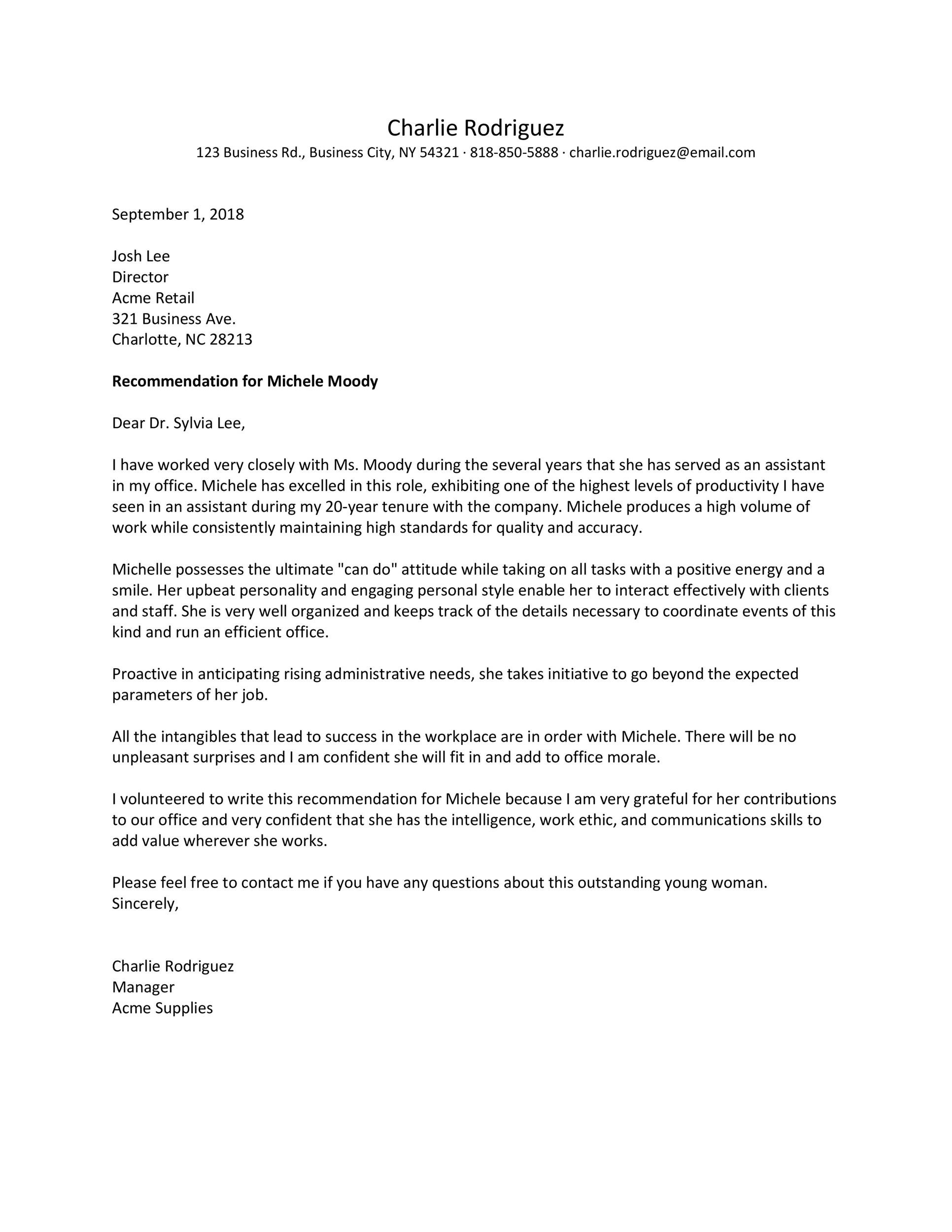Recommendation Letter Template For Employee from templatelab.com