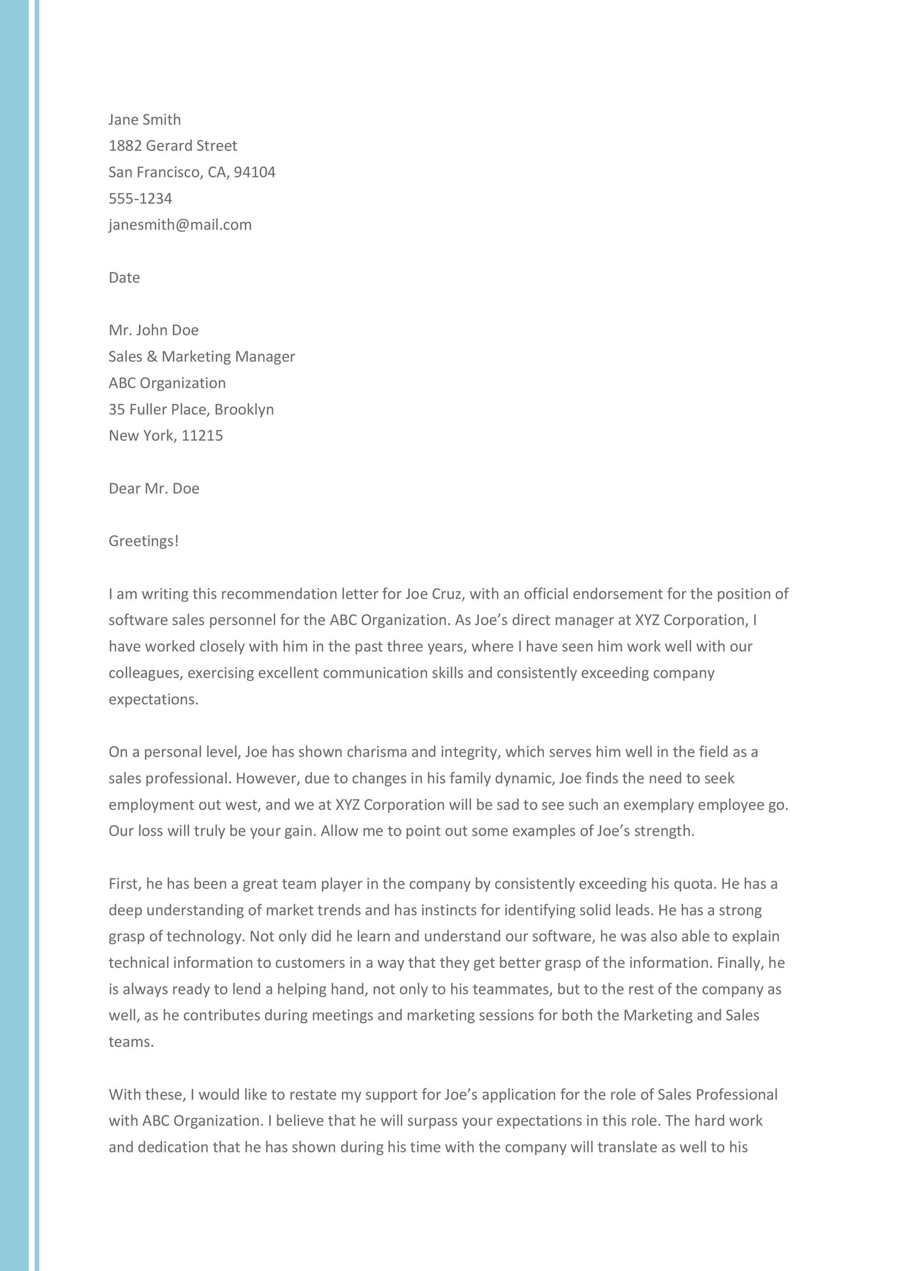 Free Recommendation Letter From Manager Template 20
