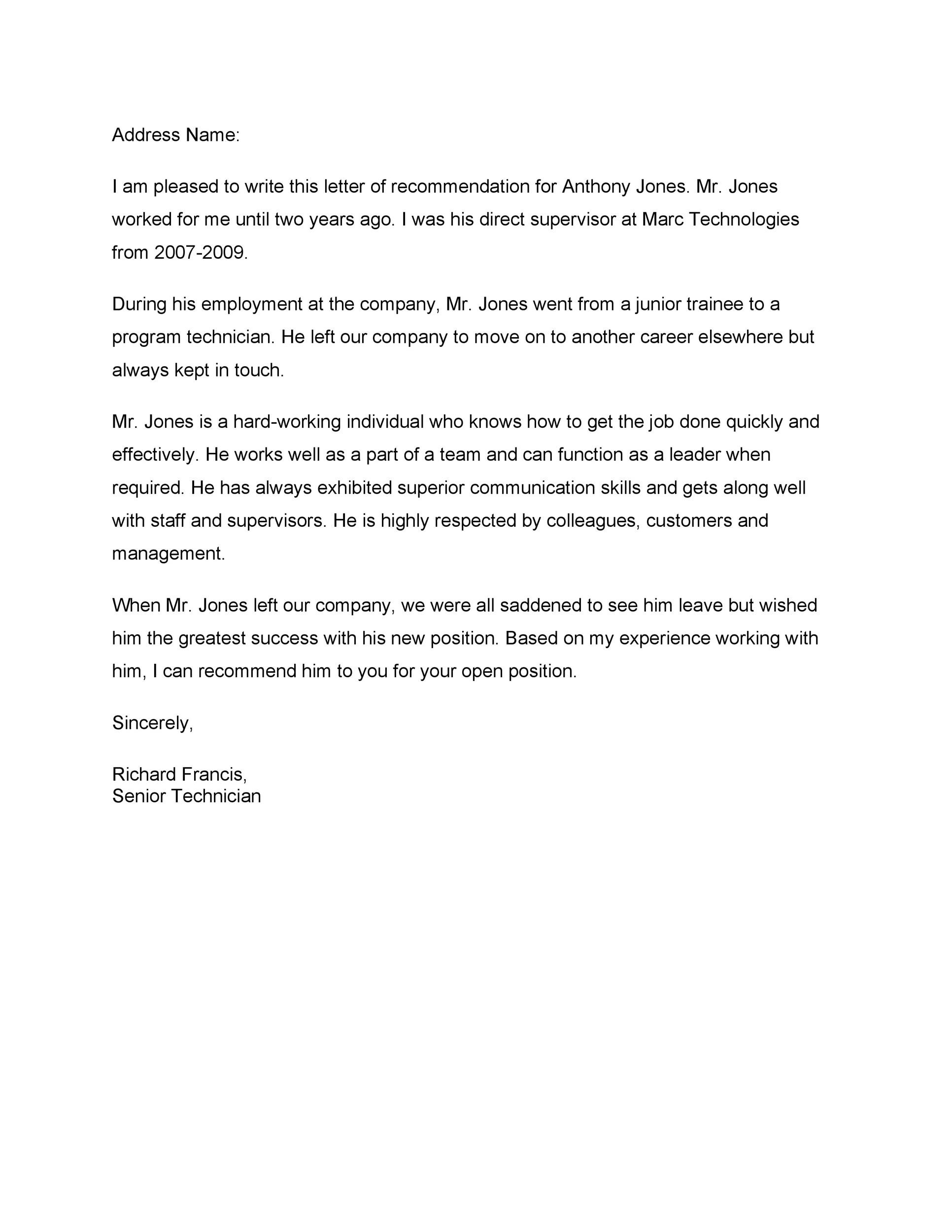 Free Recommendation Letter From Manager Template 26