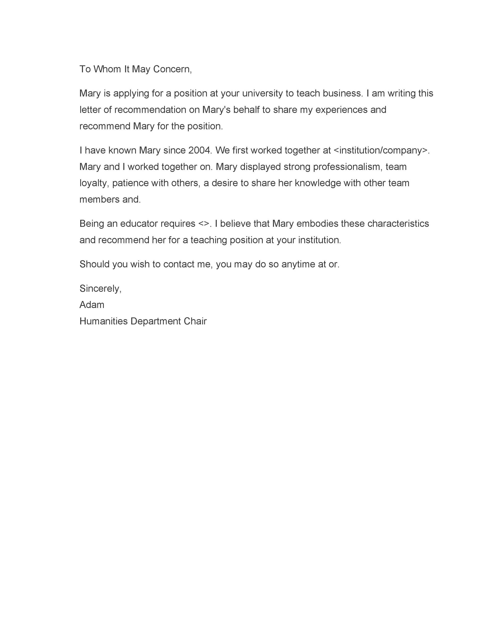 Free Recommendation Letter From Manager Template 50