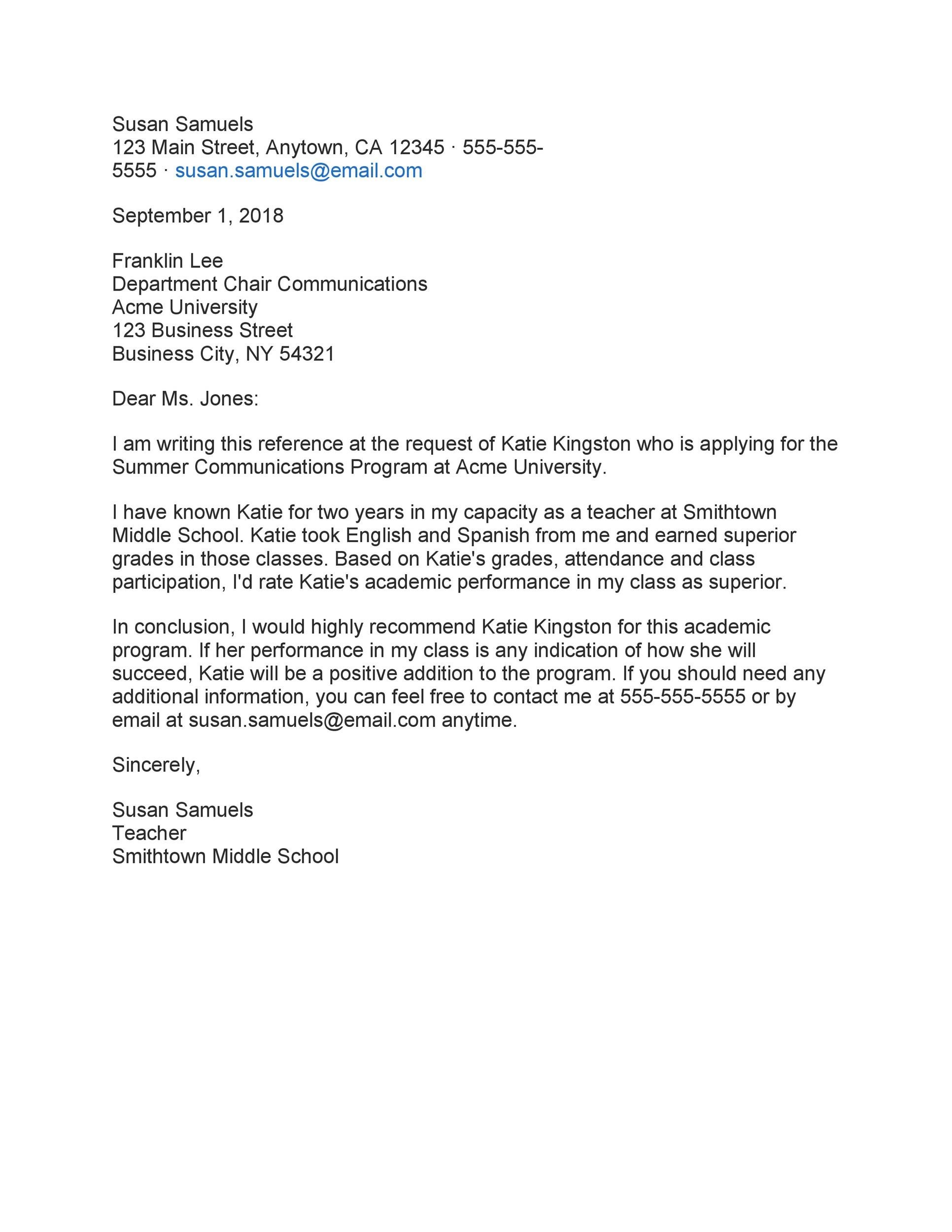 Free Recommendation Letter From Teacher Template 42