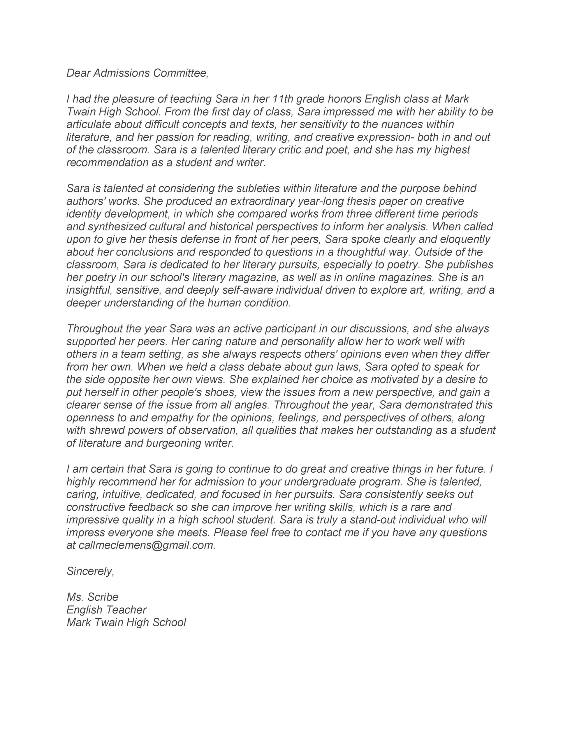 Free Recommendation Letter From Teacher Template 44