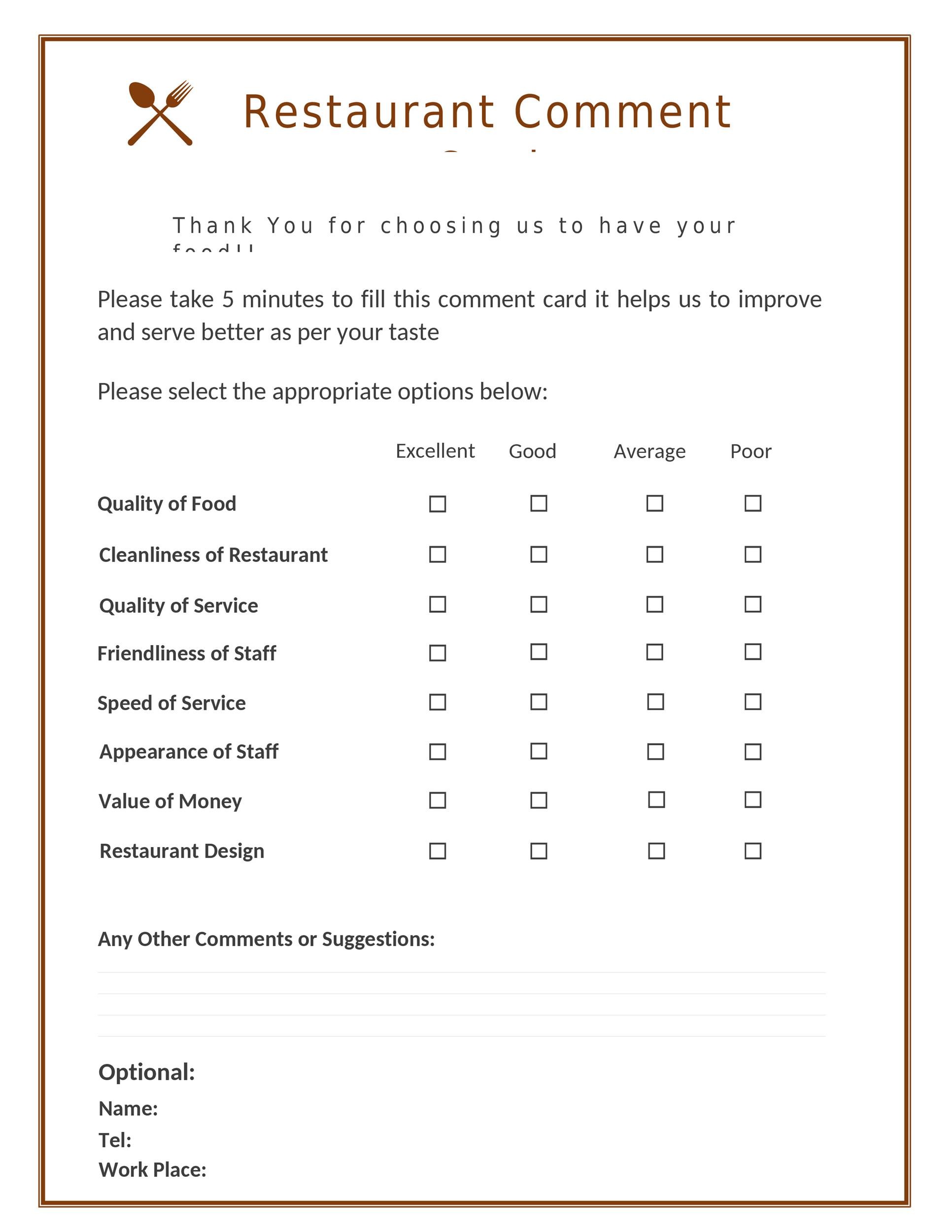 Guest Comment Card Design - 50 Printable Comment Card Feedback Form Templat...