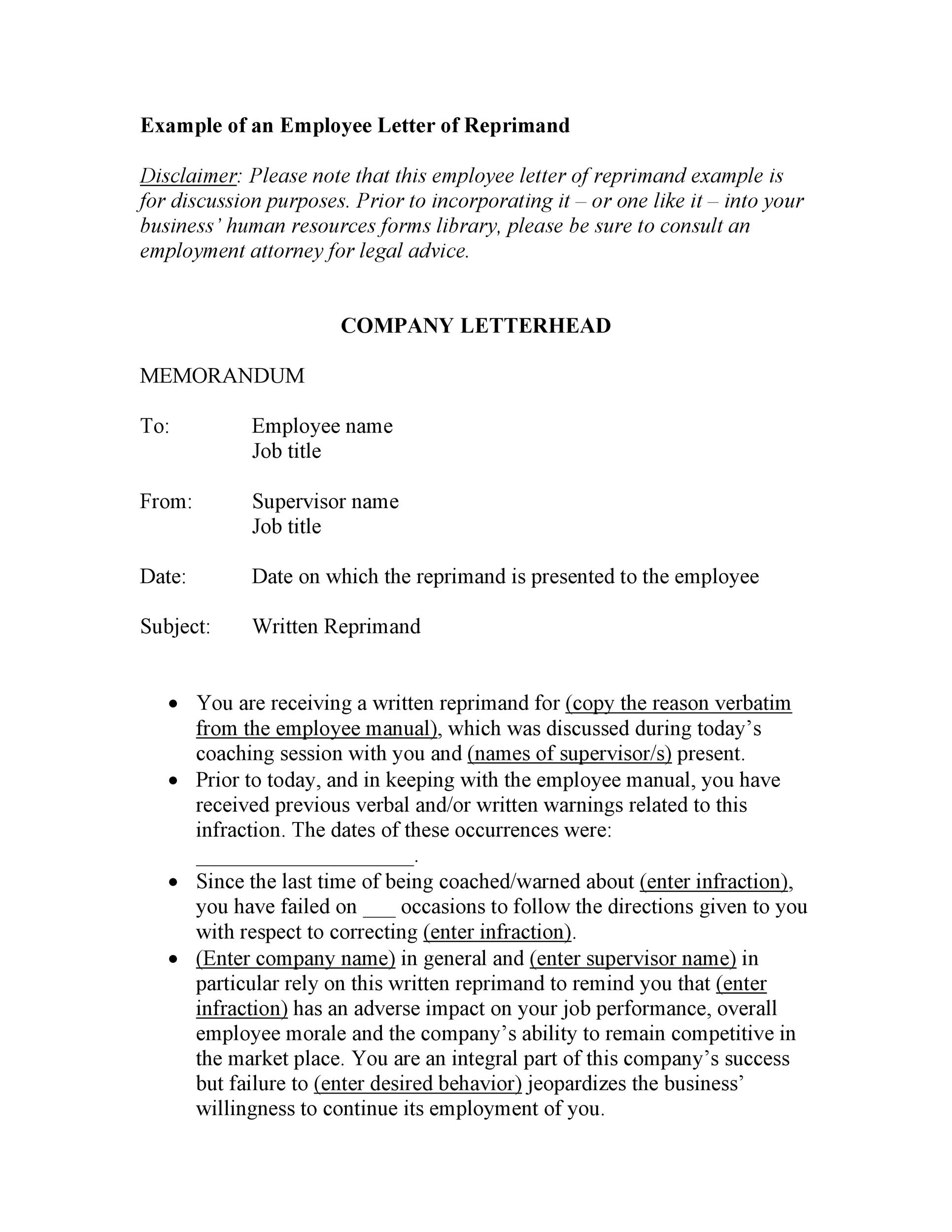 Sample Letter Of Reprimand For Misconduct from templatelab.com