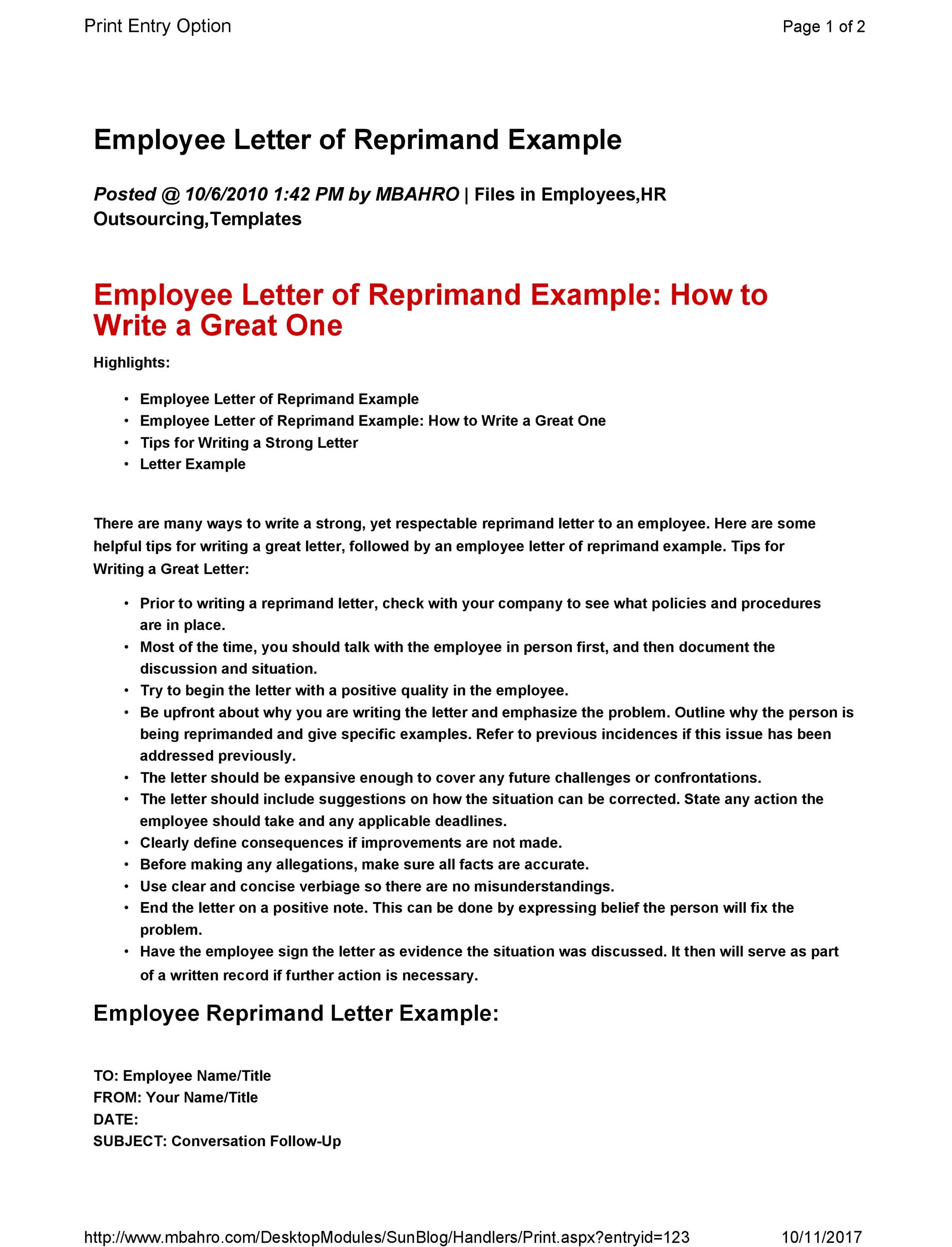 23 Effective Letters of Reprimand Templates (MS Word) ᐅ TemplateLab