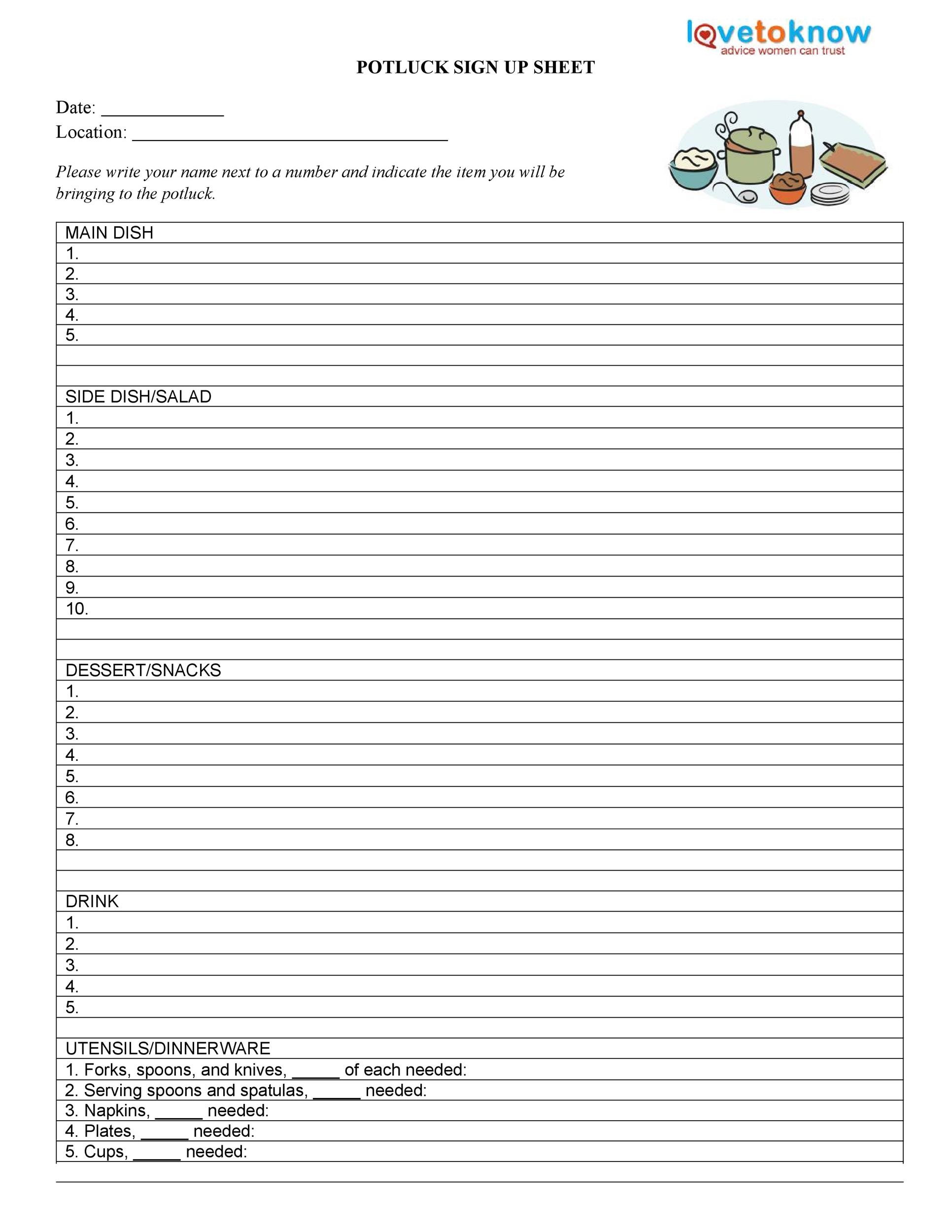 Potluck Sign Up Sheet Template Excel Printable Form, Templates and Letter