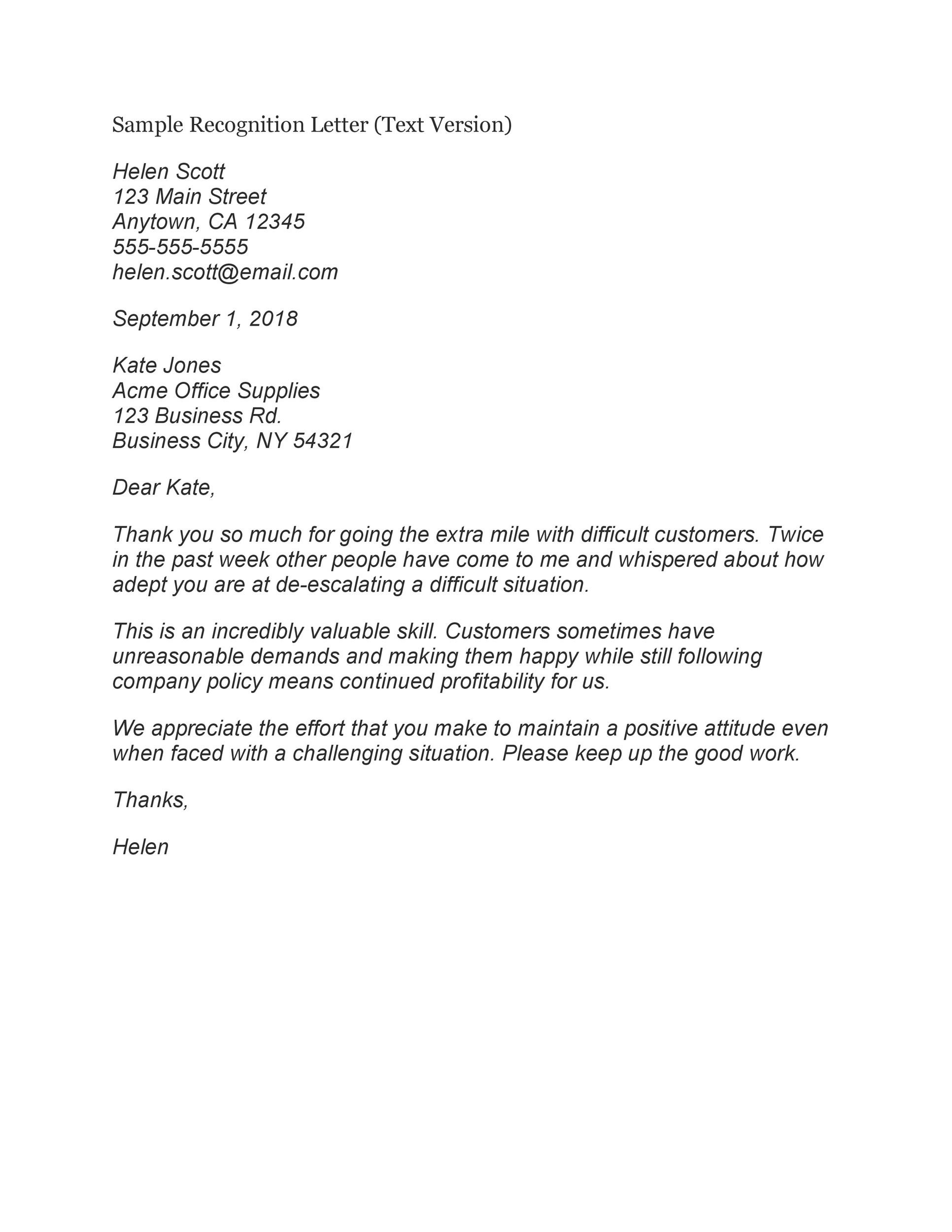 Employee Recognition Letter To Manager from templatelab.com