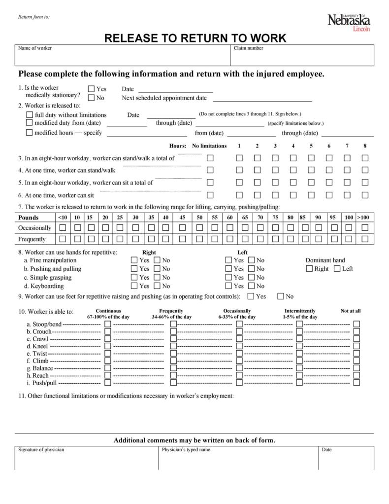49 Best Return To Work [& Work Release Forms] ᐅ TemplateLab