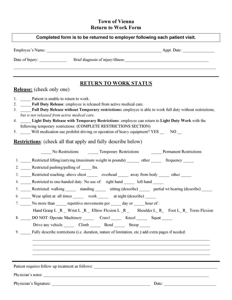49 Best Return To Work [& Work Release Forms] ᐅ TemplateLab