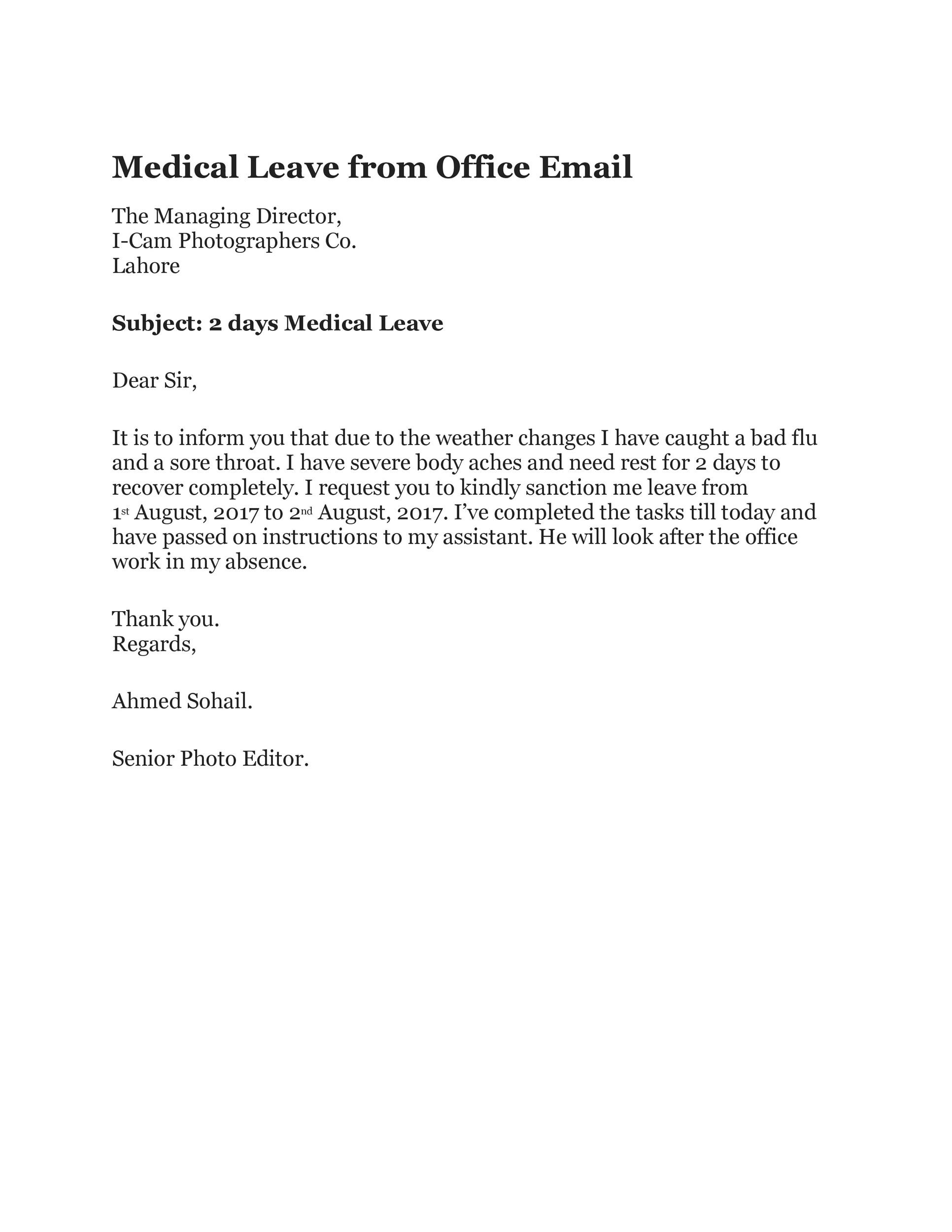 sample of sick leave application letter