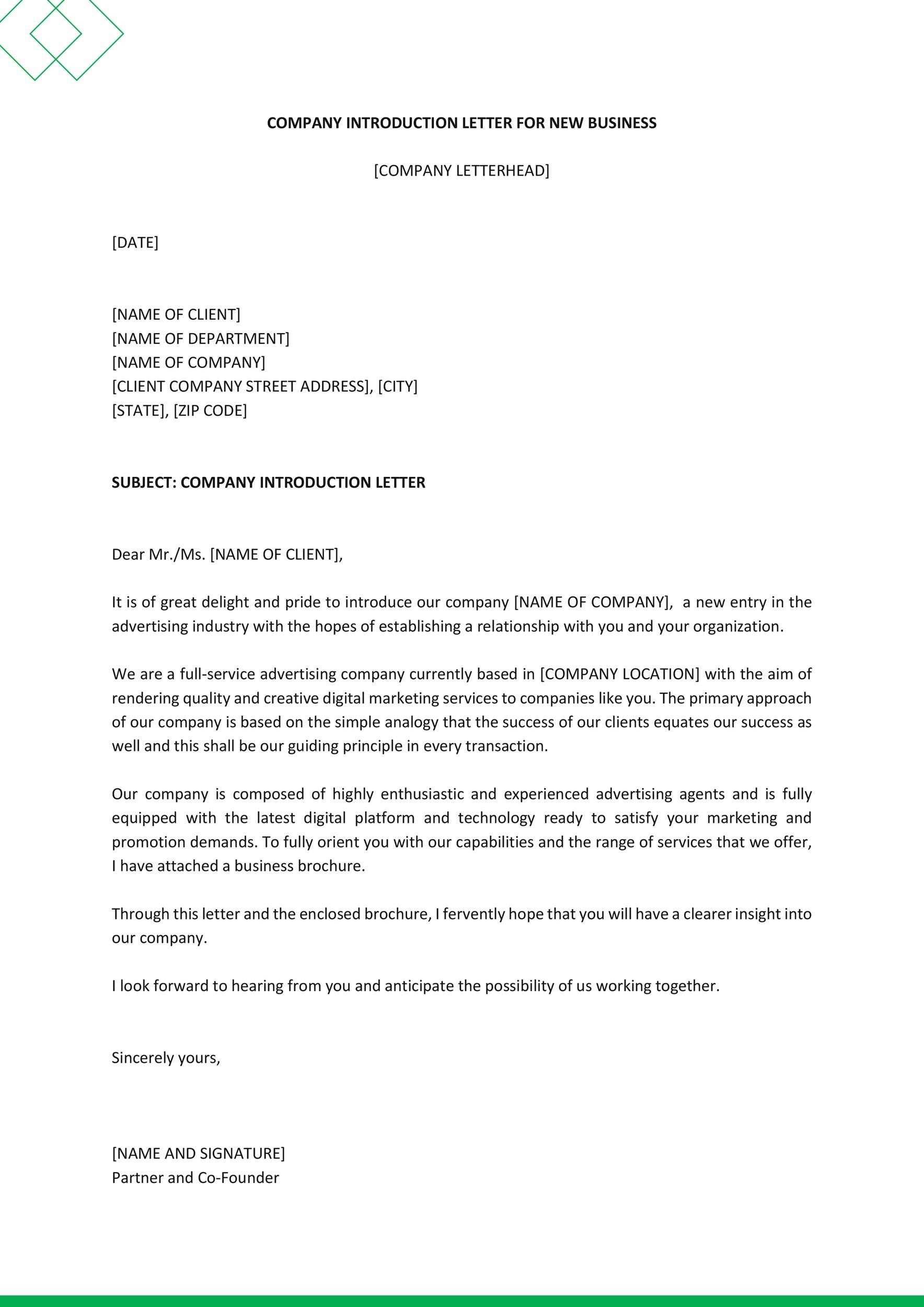Letter for a company presentation Excellent Company's