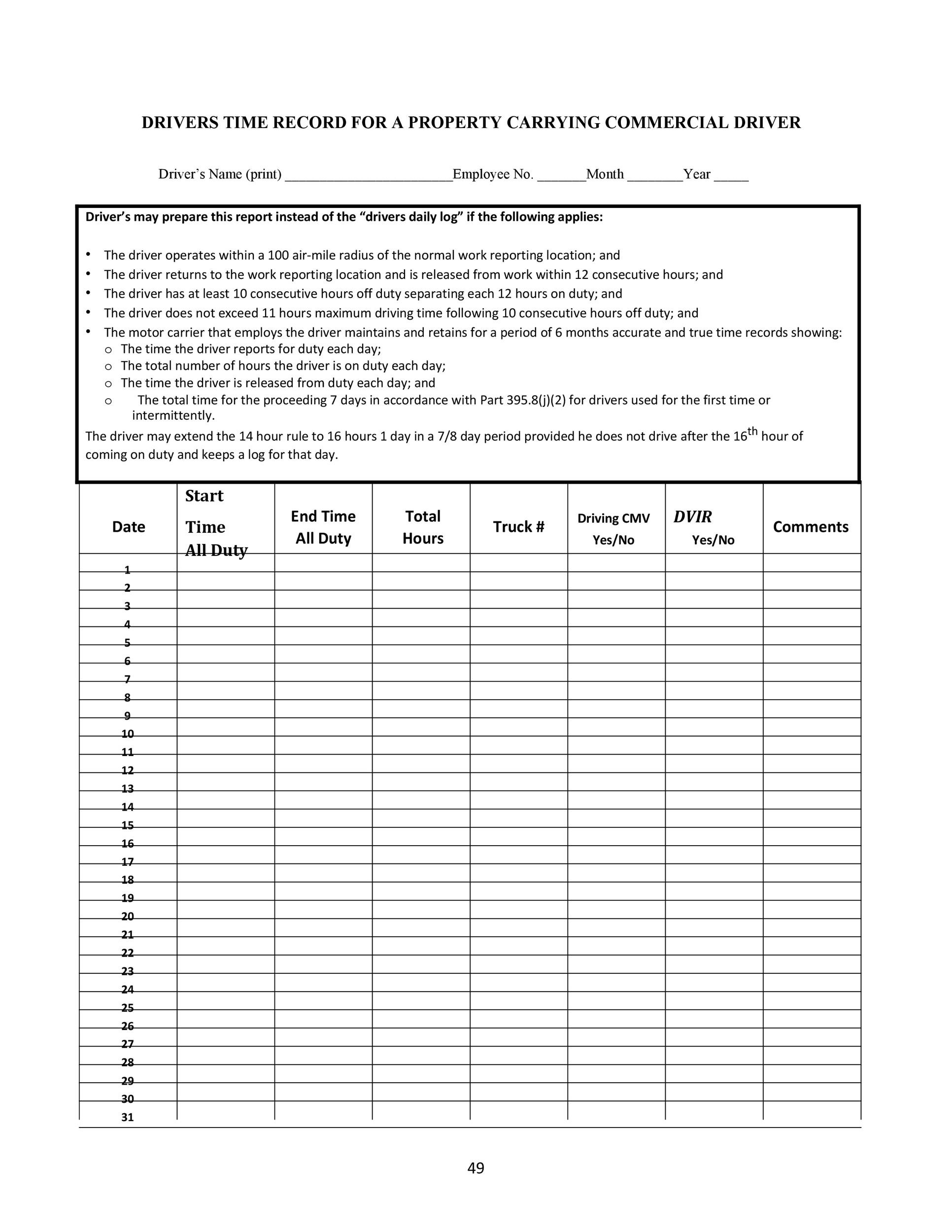 50 Printable Driver S Daily Log Books Templates Examples