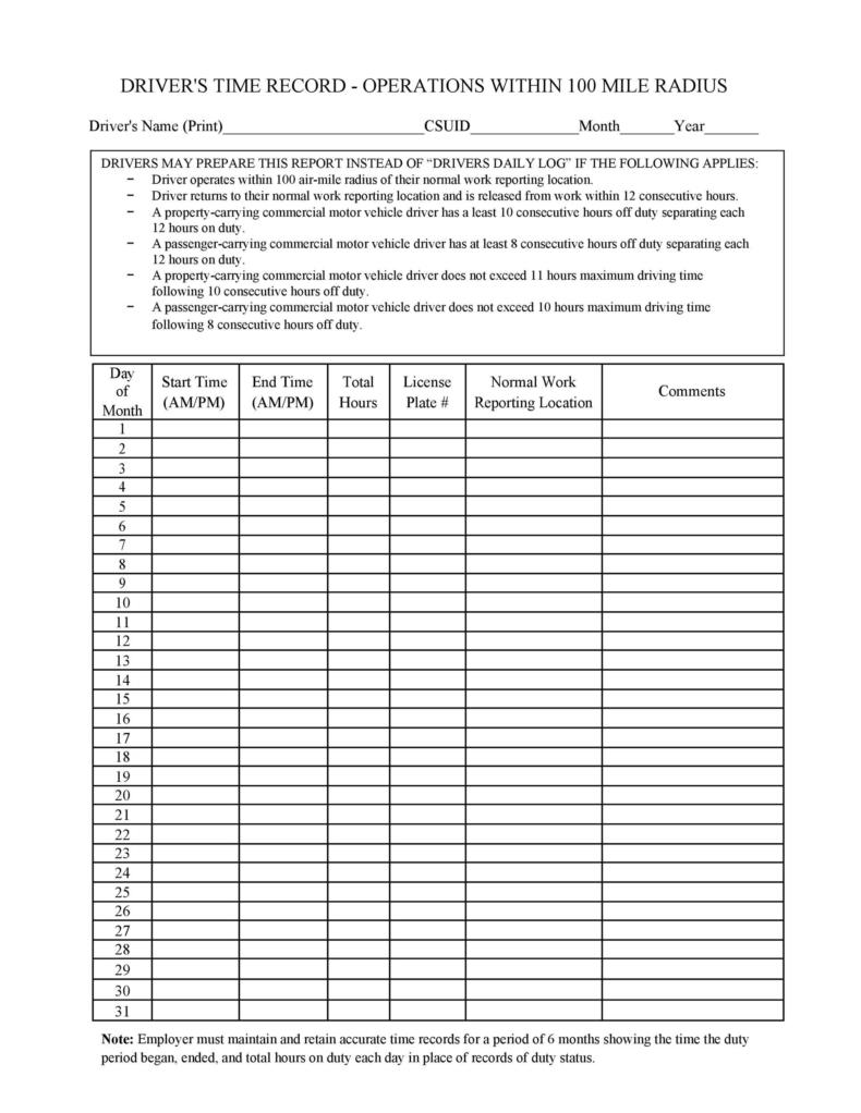 50 Printable Driver s Daily Log Books Templates Examples