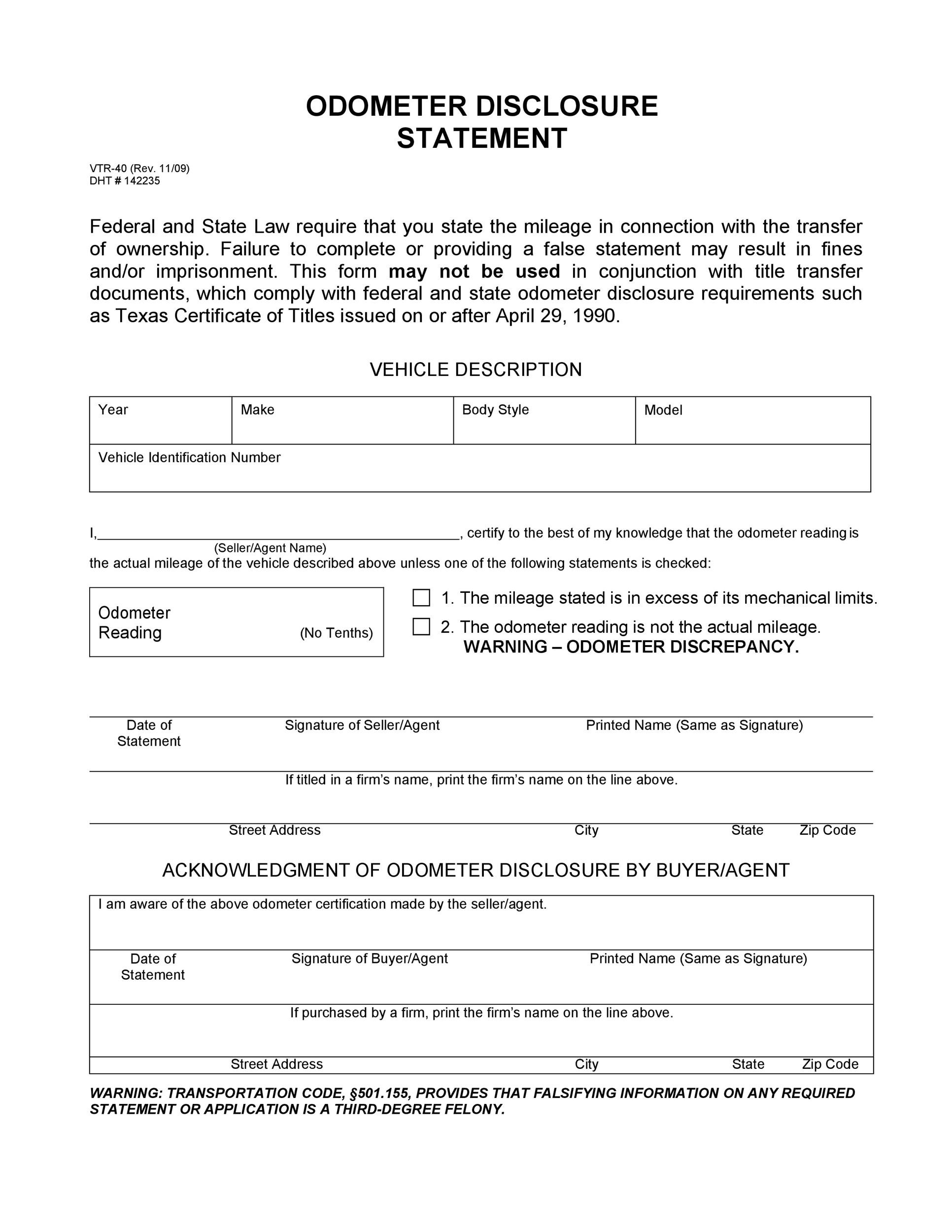 odometer disclosure statement form