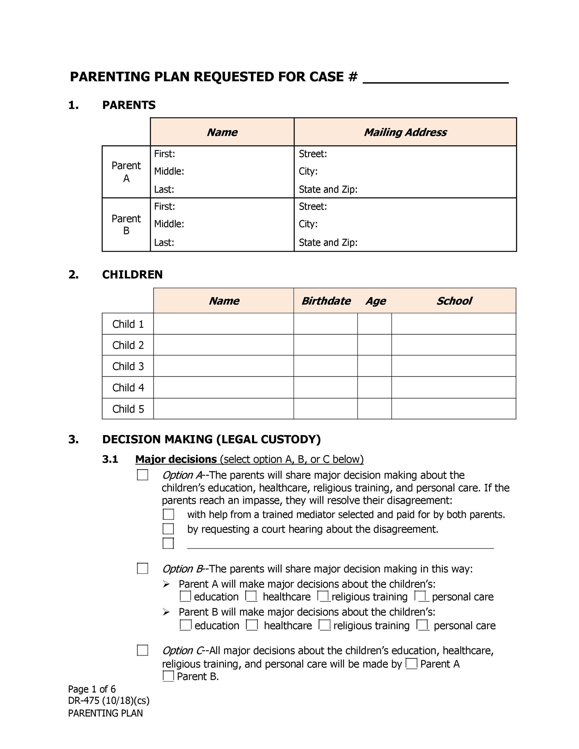 Printable Parenting Plan Template