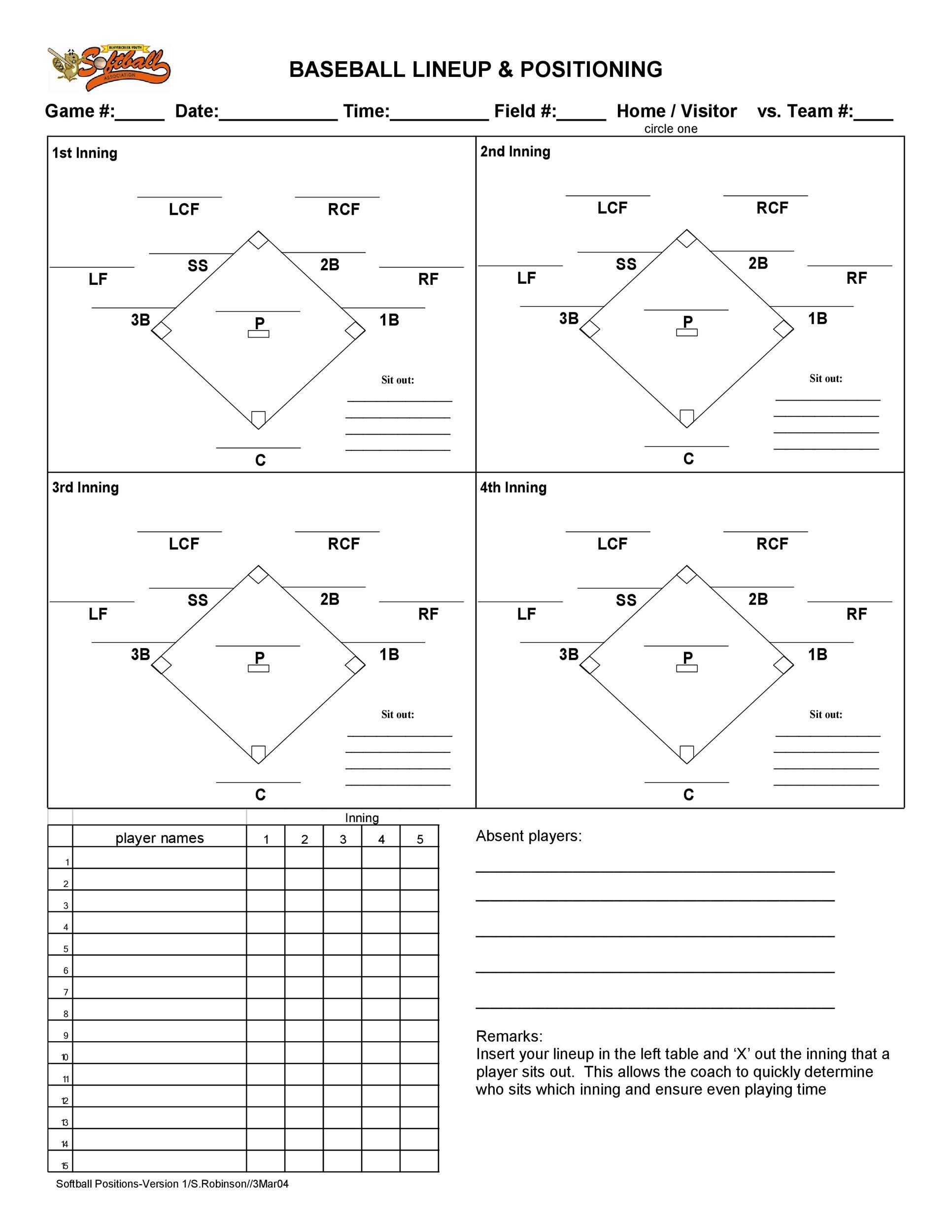 Baseball Lineup And Position Chart Printable Form, Templates and Letter