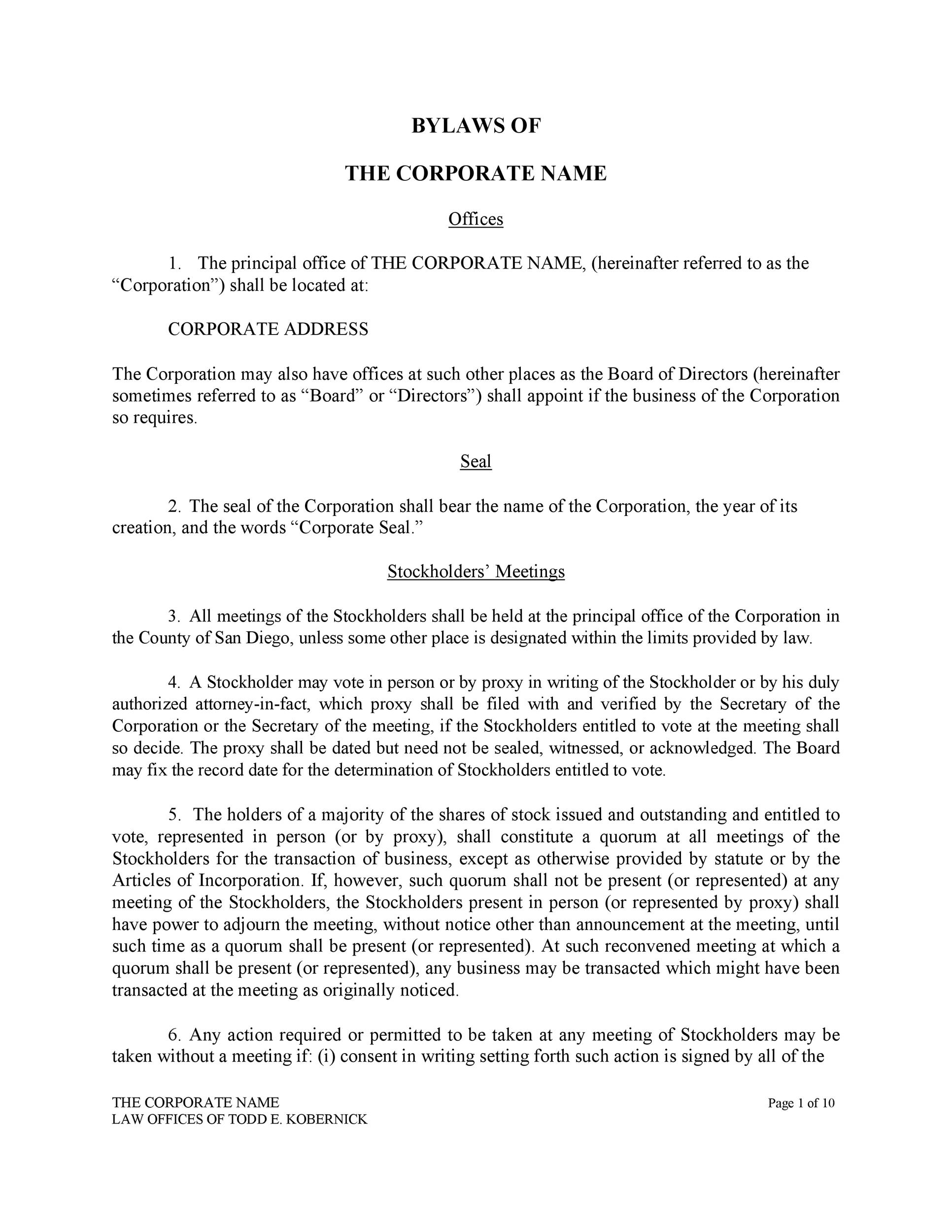  Corporate bylaws template single owner