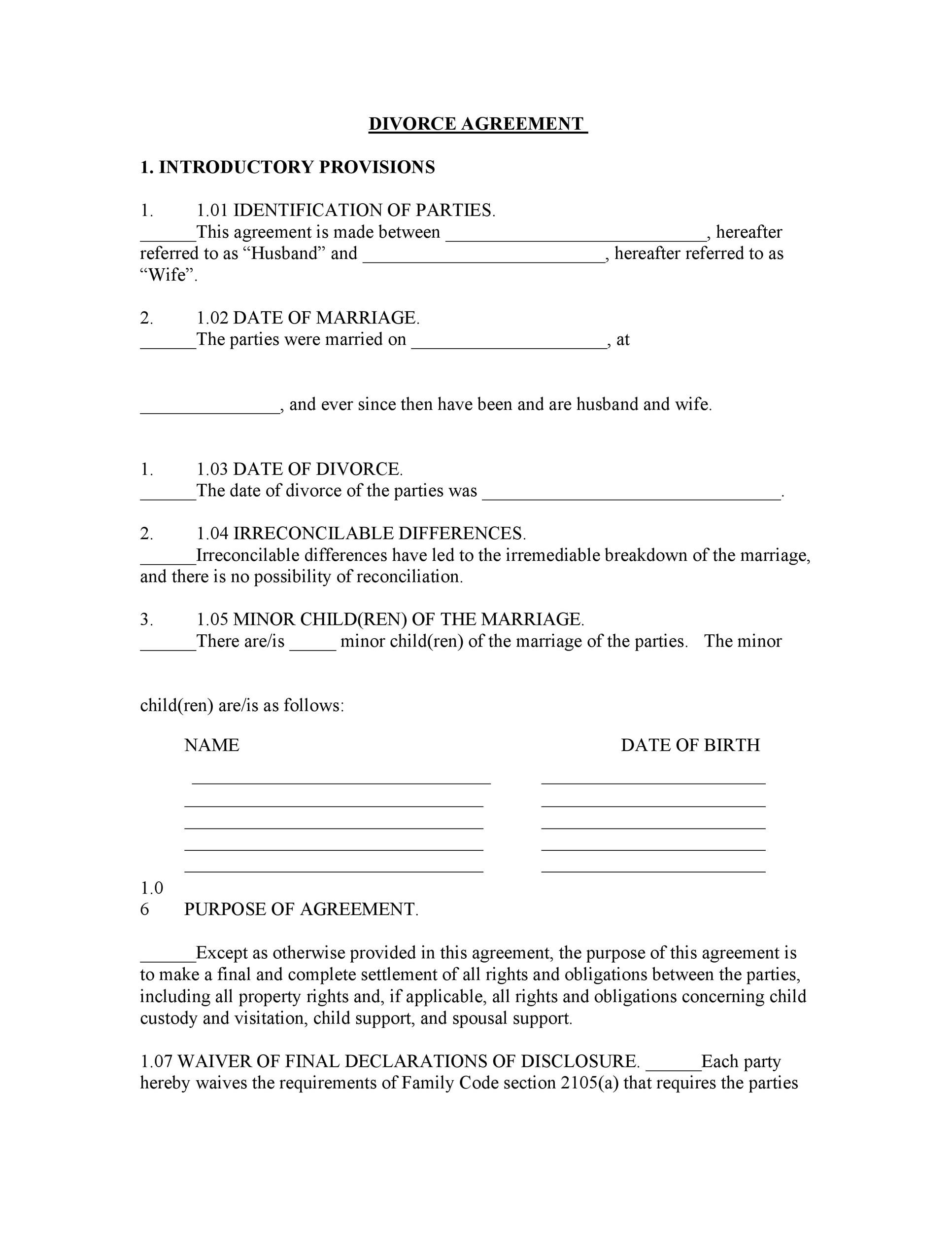 Free Templates For Divorce Agreement