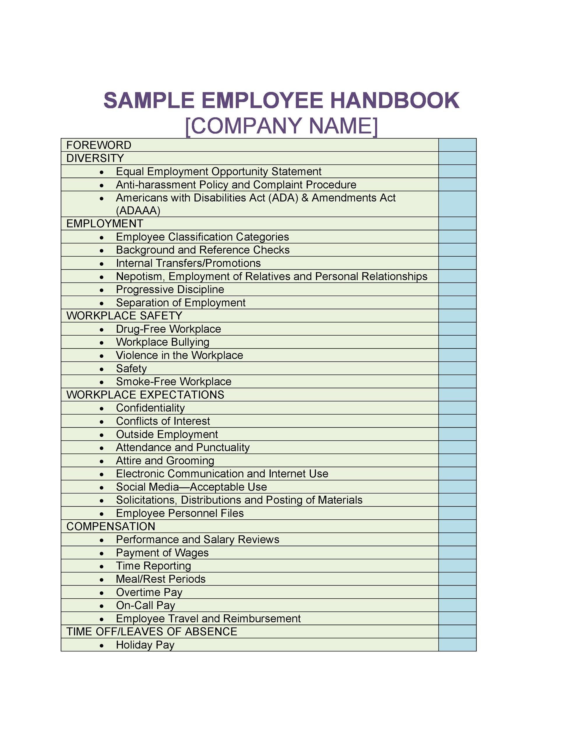Printable Free Sample Employee Handbook Template Printable Templates