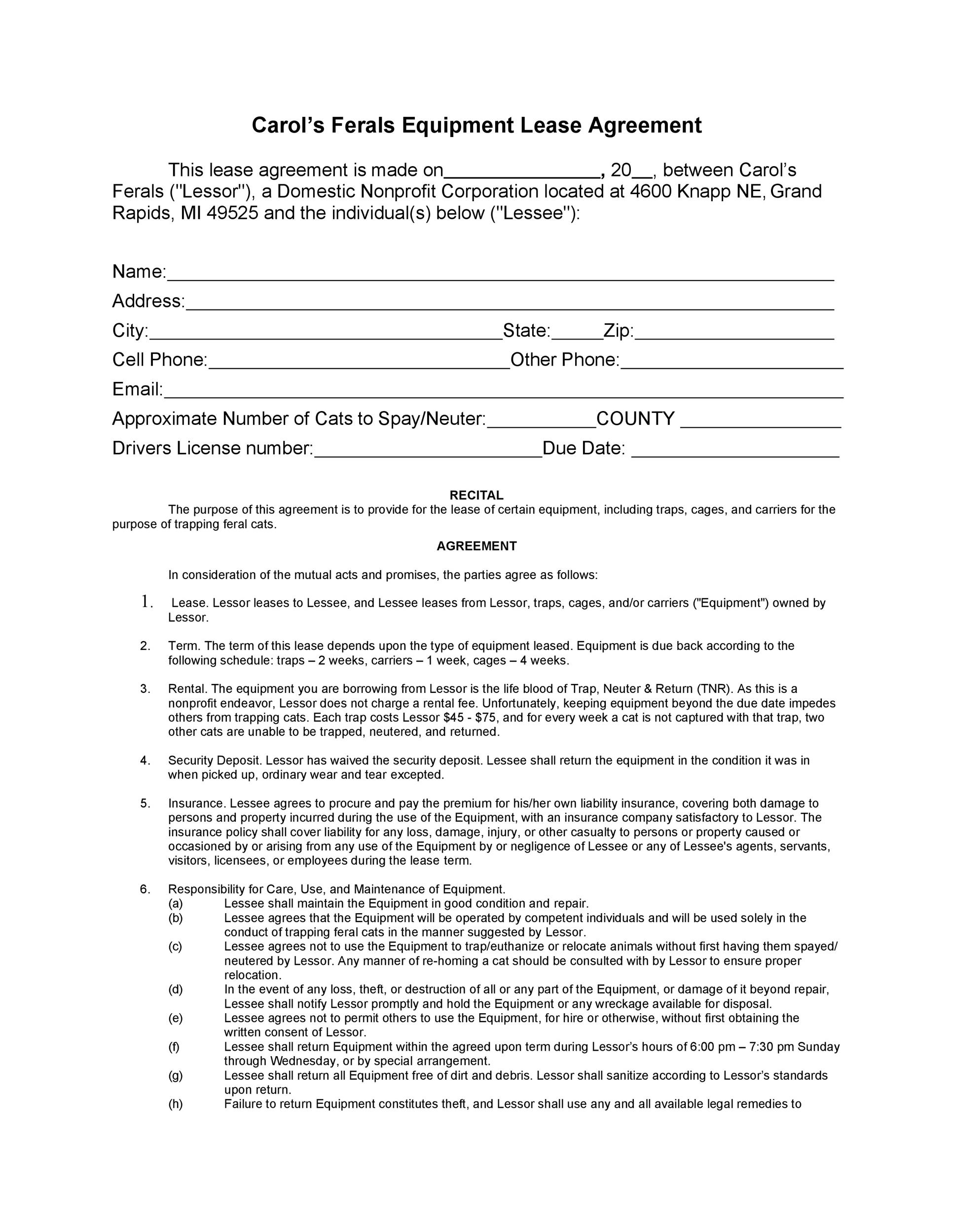 Printable Simple Equipment Rental Agreement Template Word