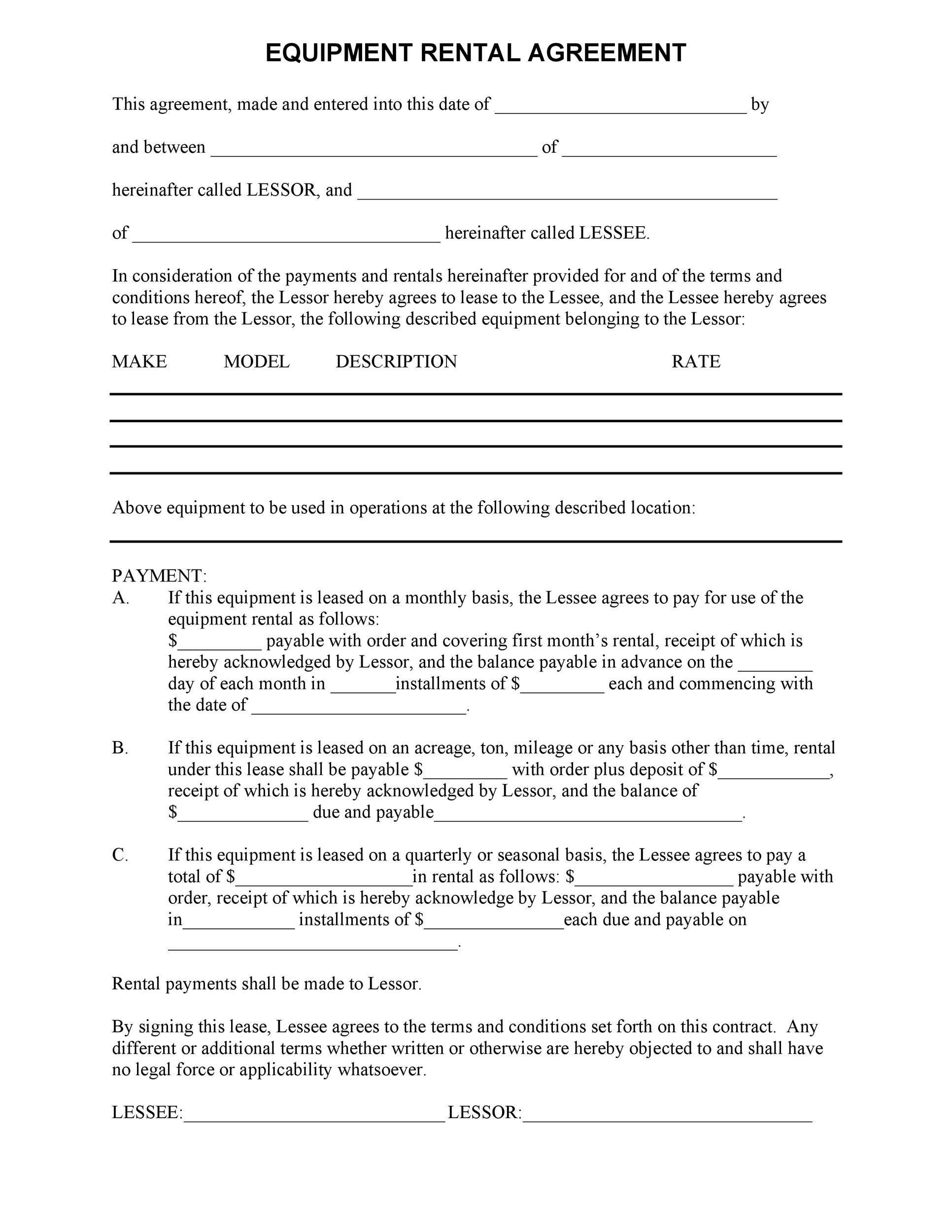 Free Printable Equipment Lease Agreement Printable Templates