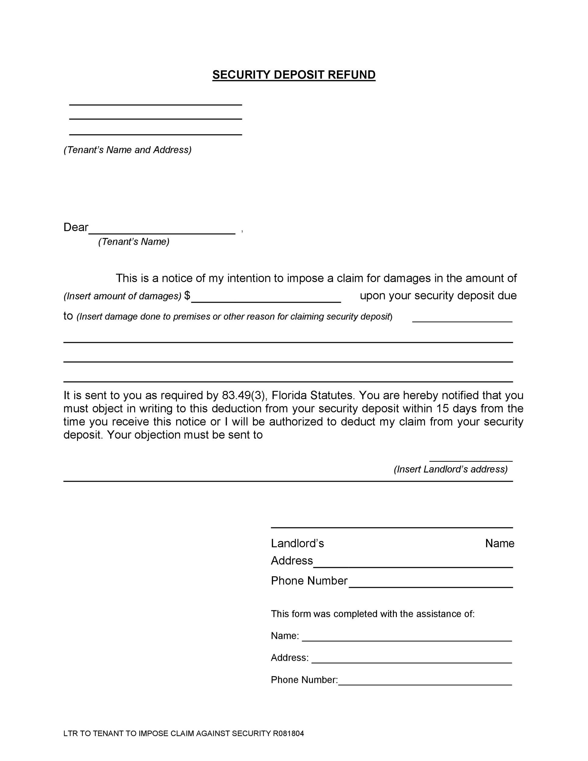 security deposit refund application letter