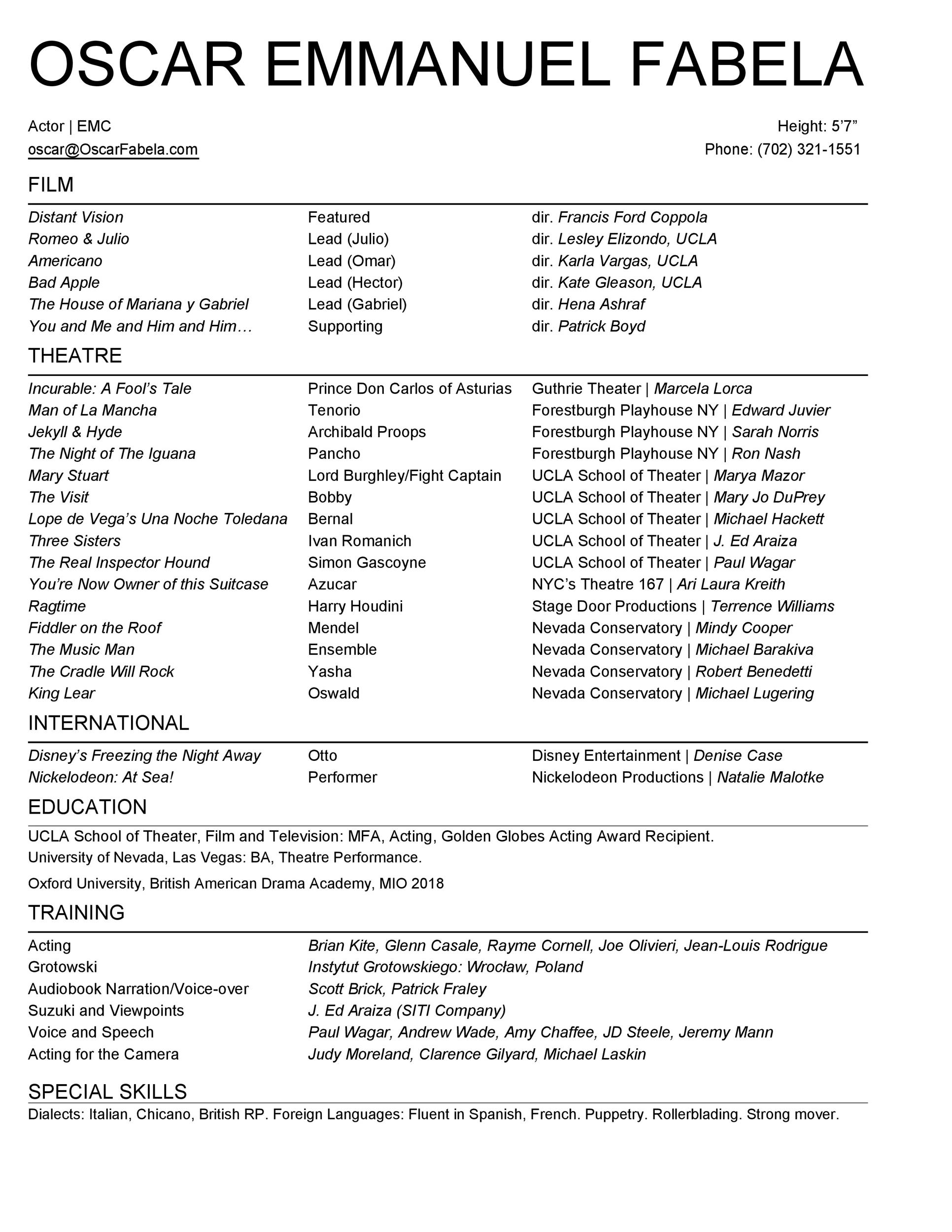 Theatrical Resume Template Word