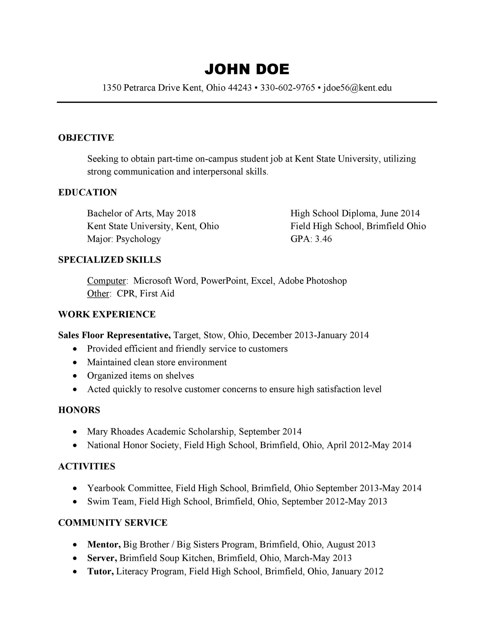 application letter as a student resume