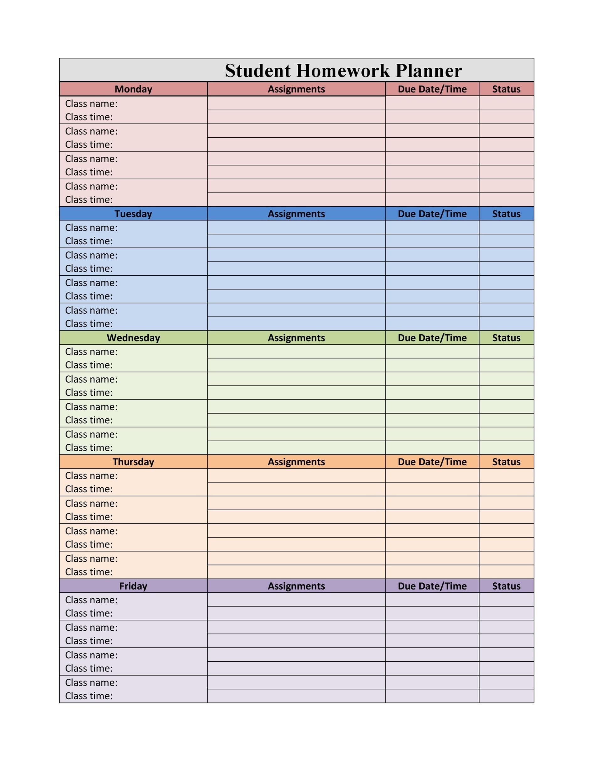 weekly homework agenda