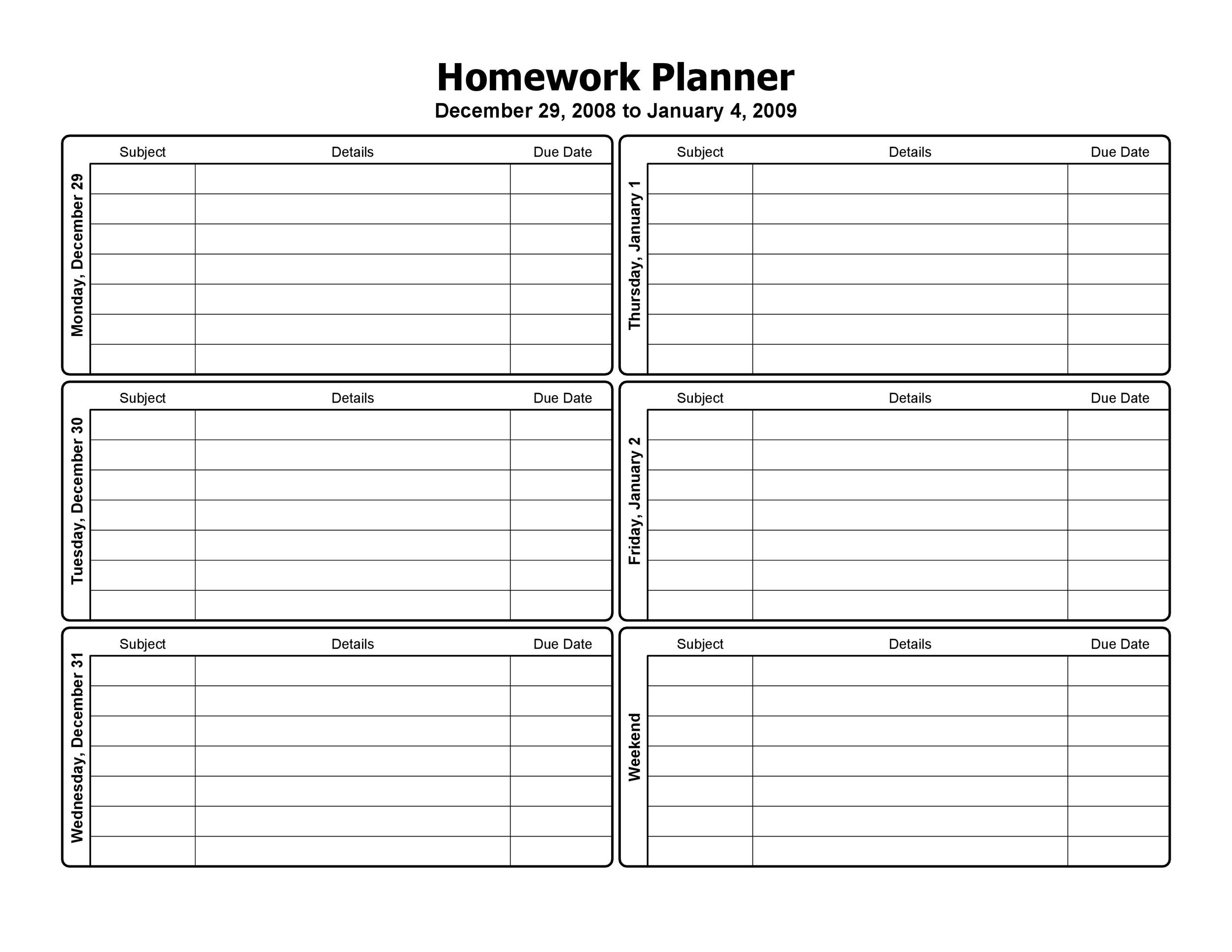 weekly homework log template